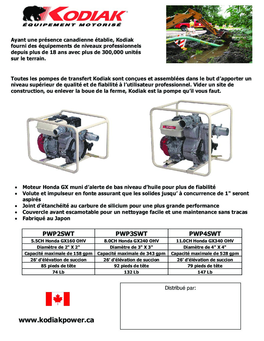 Kodiak PWP4SWT Water Pumps Product Sheet French