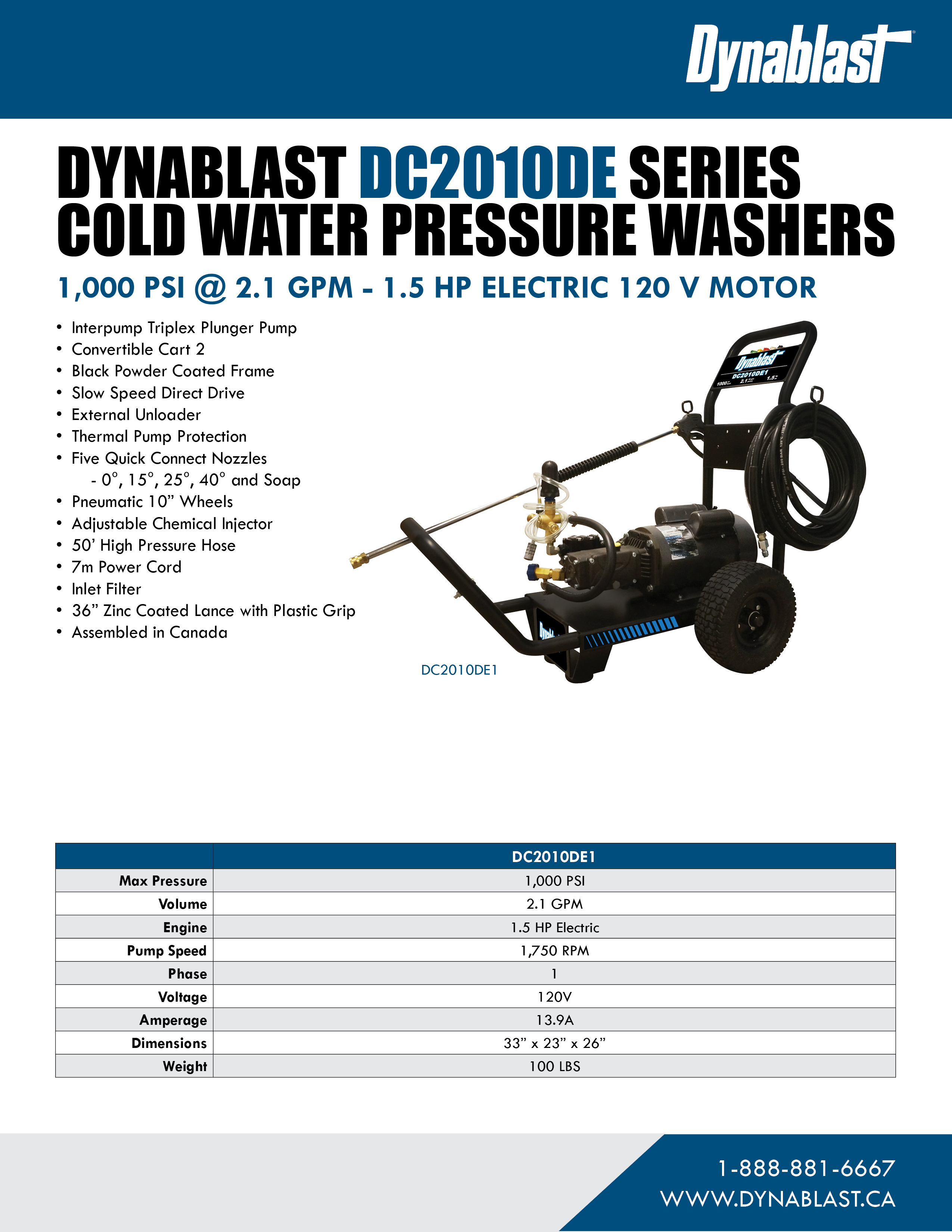 Spec Sheet - Dynablast DC2010DE1 Cold Water Pressure Washer