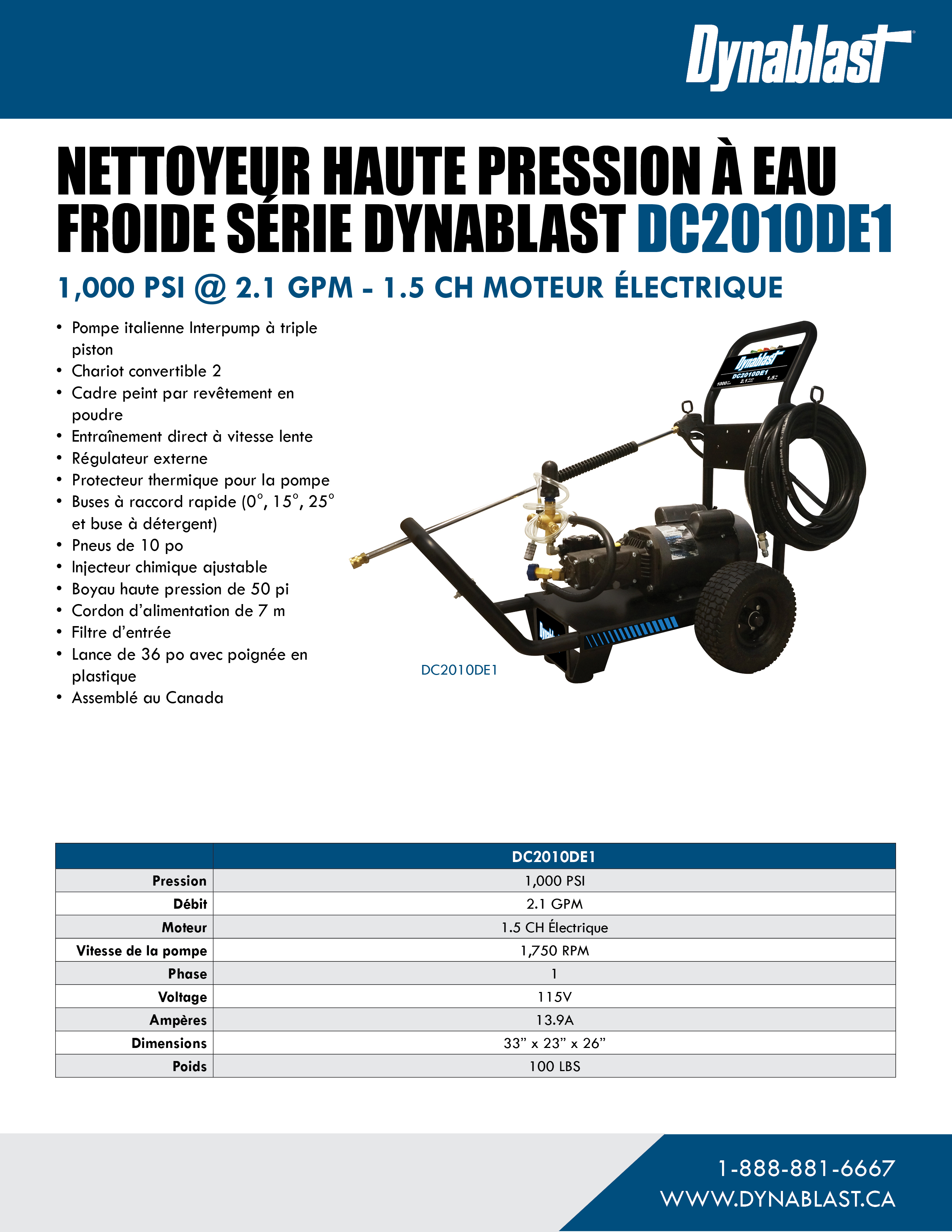 Spec Sheet FR - Dynablast DC2010DE1 Cold Water Pressure Washer