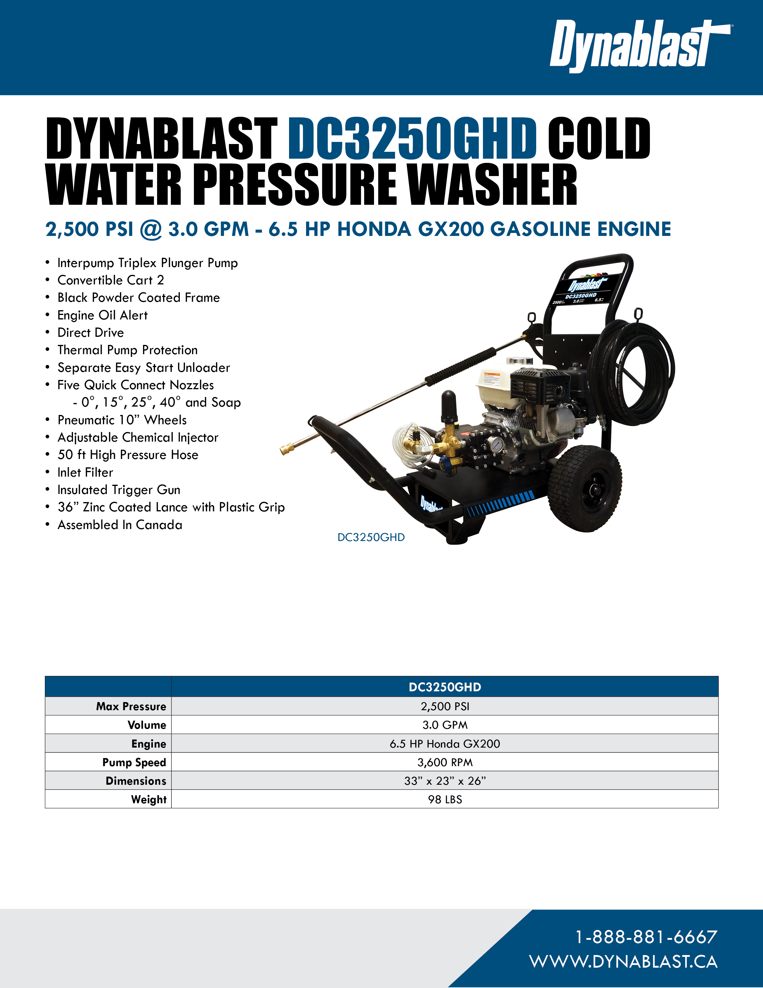 Spec Sheet - Dynablast DC3250GHD Cold Water Pressure Washer