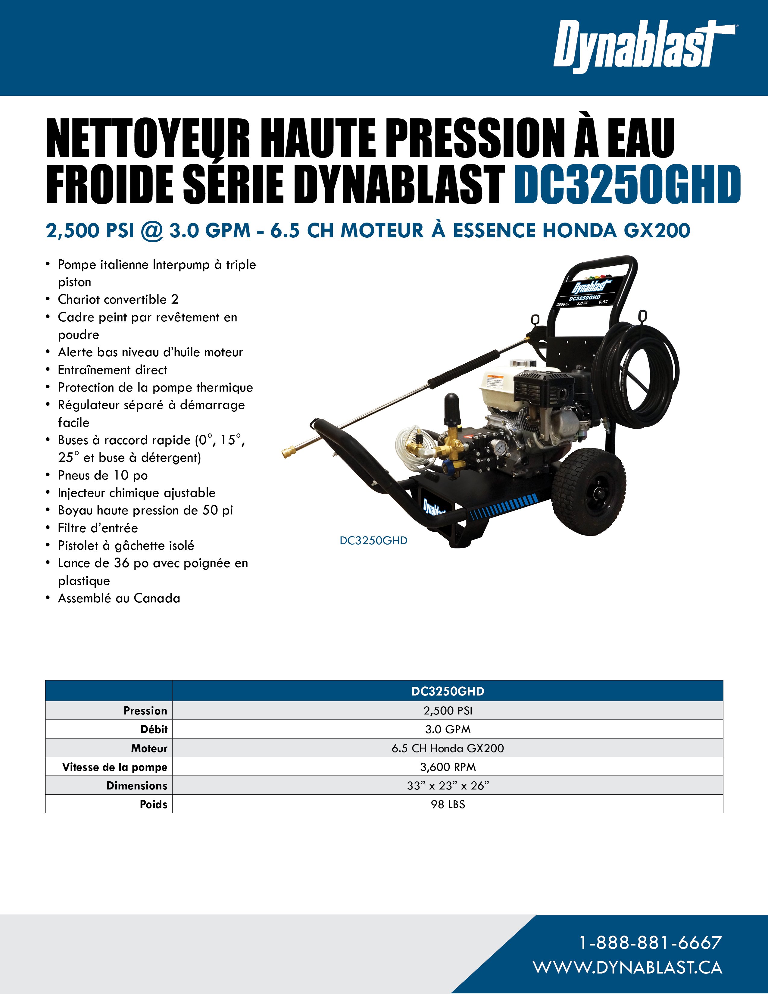 Spec Sheet FR - Dynablast DC3250GHD Cold Water Pressure Washer