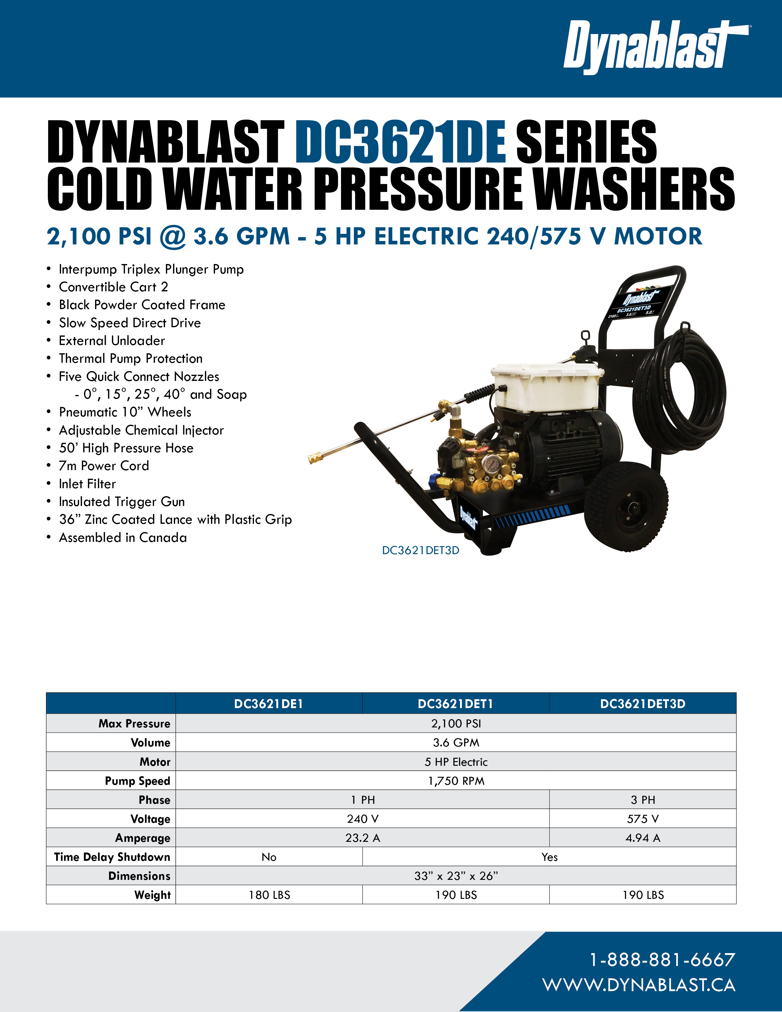 Spec Sheet - Dynablast DC3621DE Series Cold Water Pressure Washer