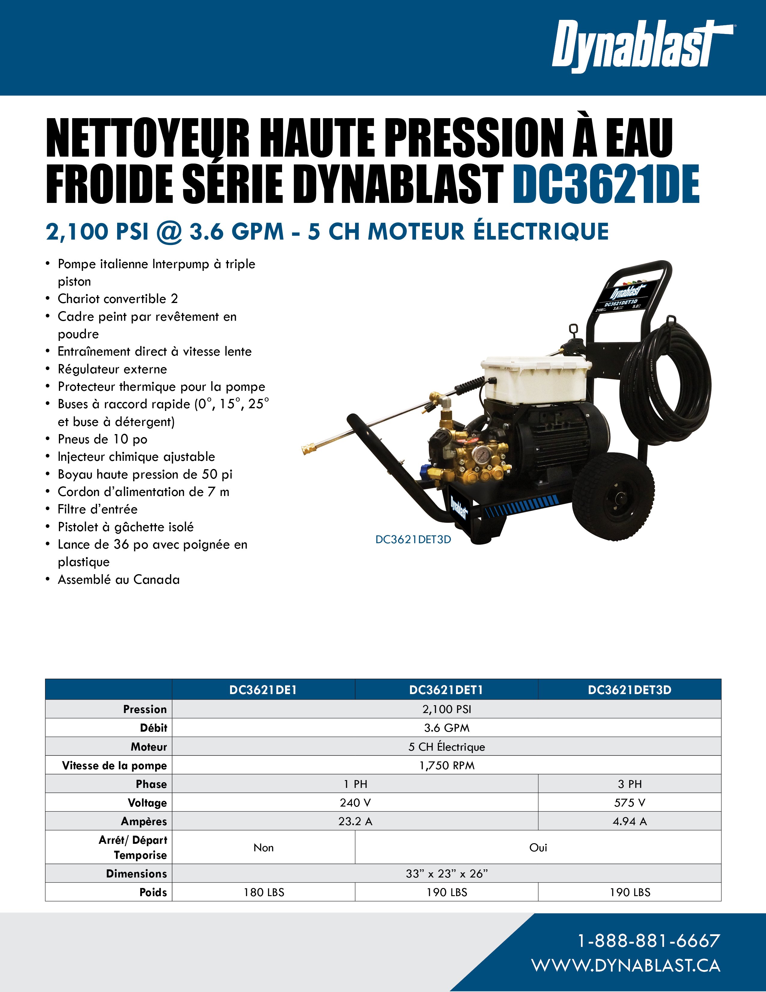 Spec Sheet FR - Dynablast DC3621DE Series Cold Water Pressure Washer