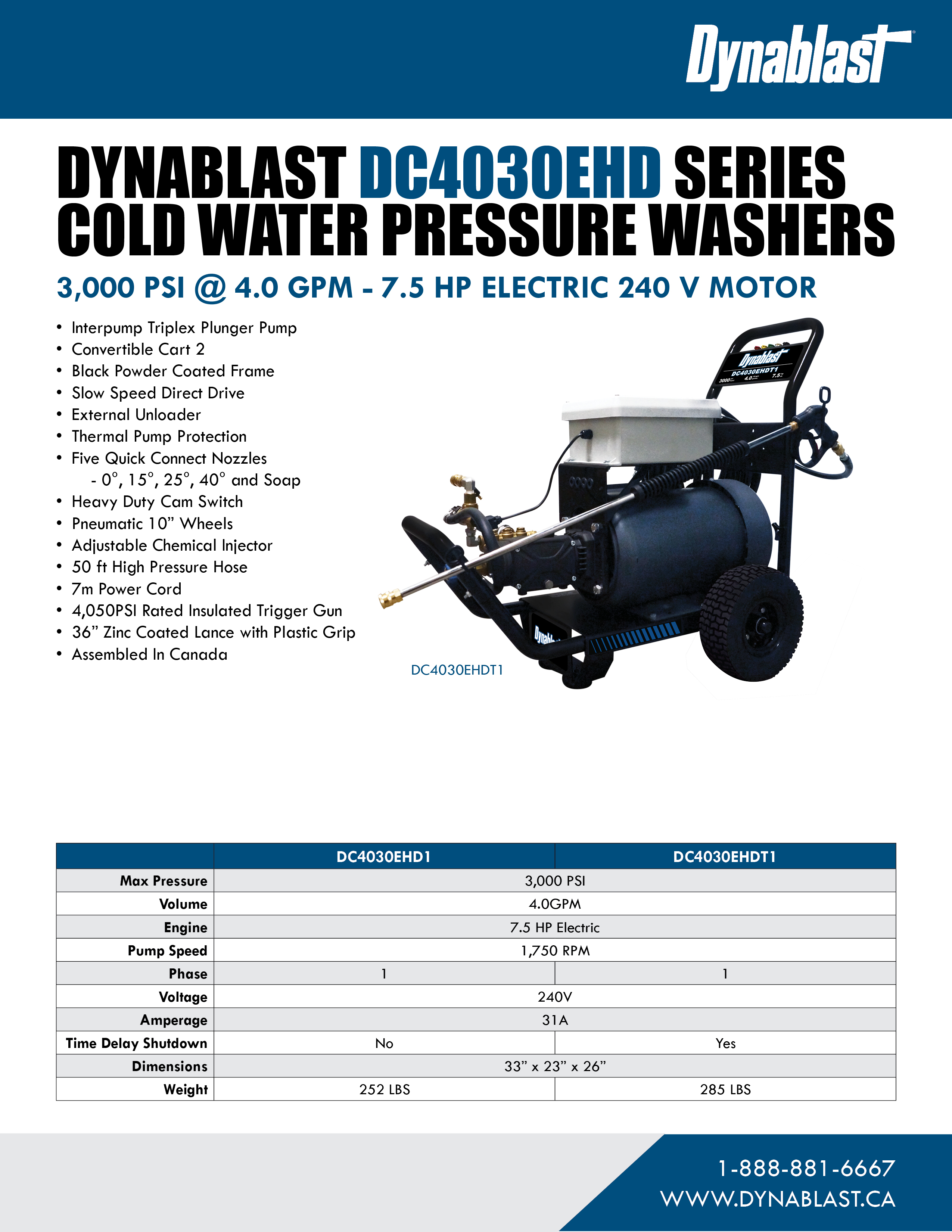 Spec Sheet - Dynablast DC4030EHD Series Cold Water Pressure Washer