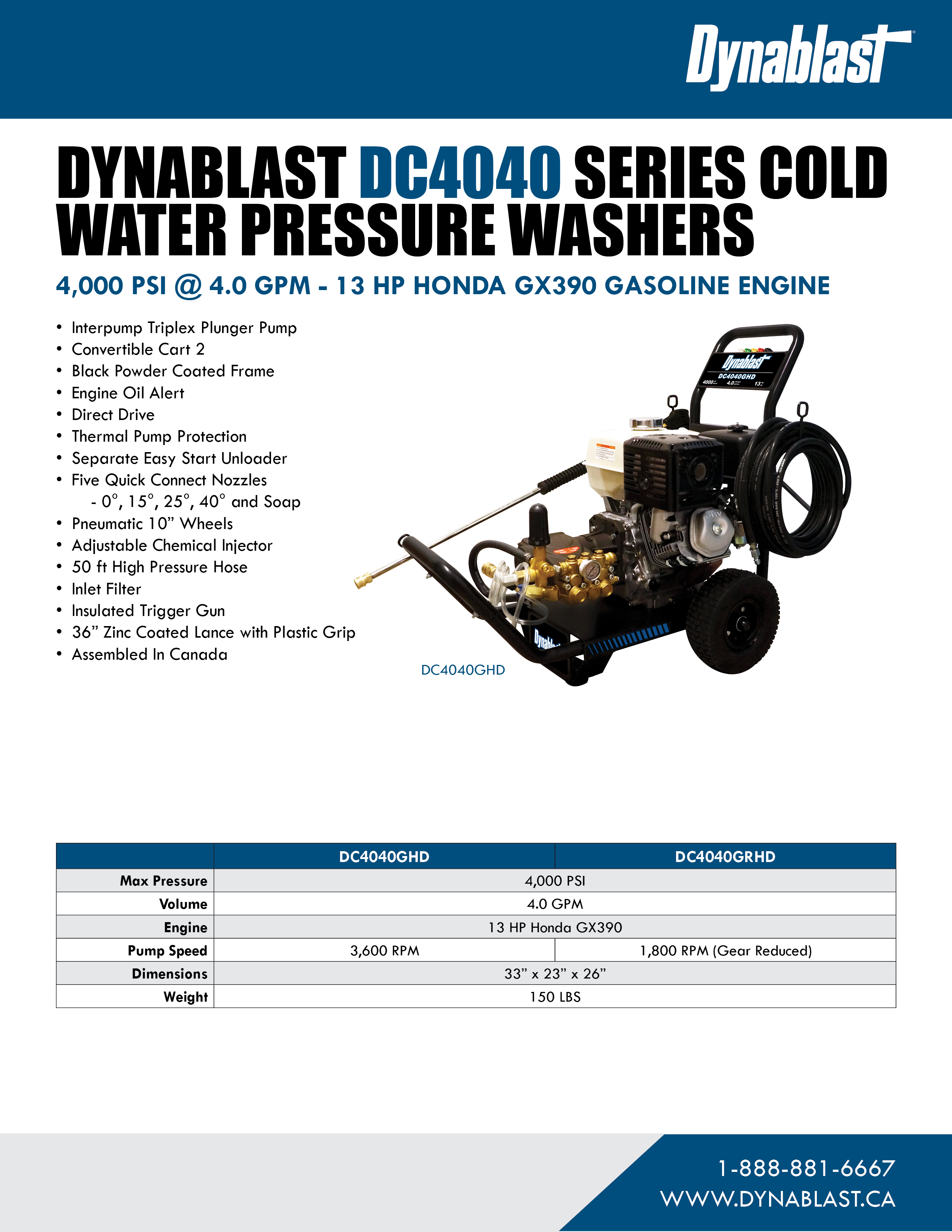 Spec Sheet - Dynablast DC4040 Series Cold Water Pressure Washer