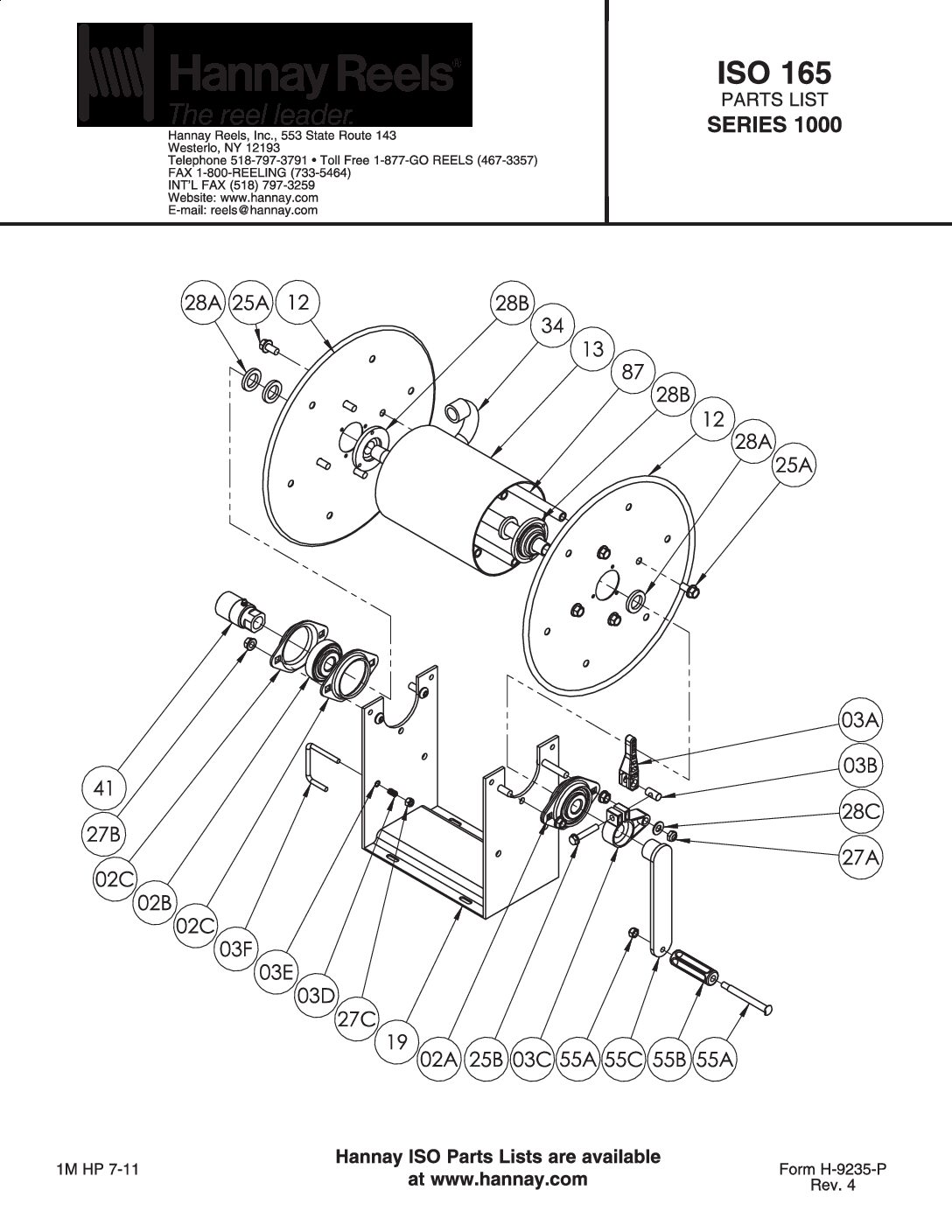 Hannay 1000 Series manual Hose Reels parts breakdown