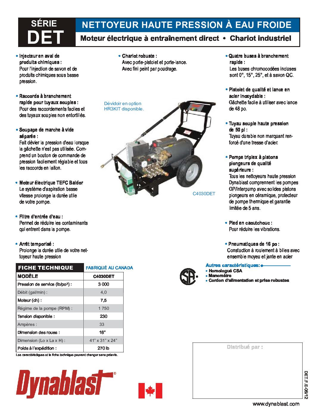 Dynablast C4030DET Cold Water Pressure Washer - French