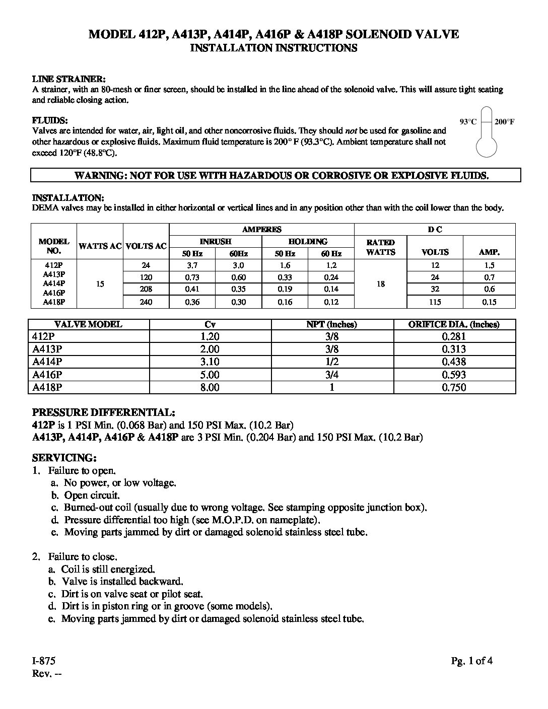 DEMA Pilot Piston Normally Open Solenoid Valve instruction sheet