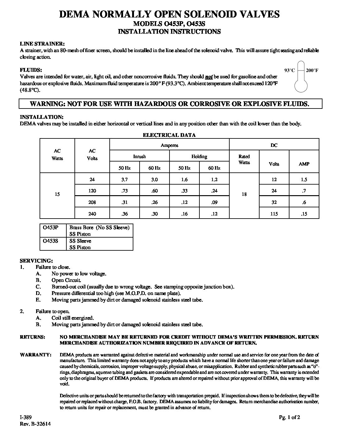 Dema High Pressure Normally Open Instruction Sheet