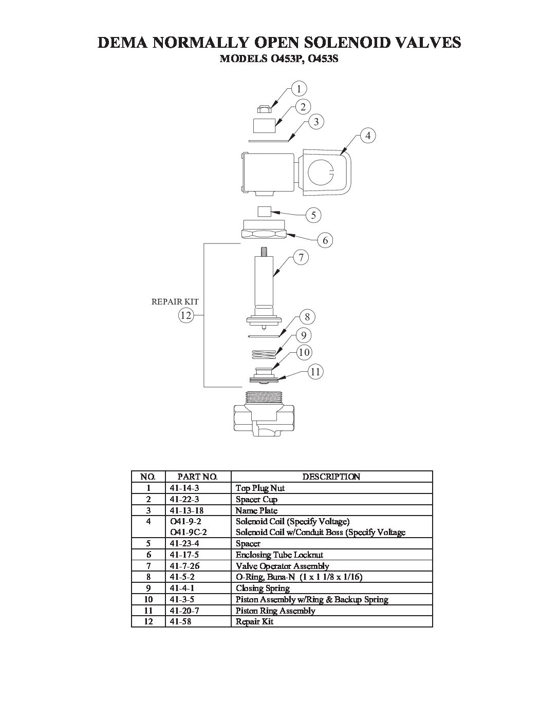 Dema High Pressure Normally Open Parts List