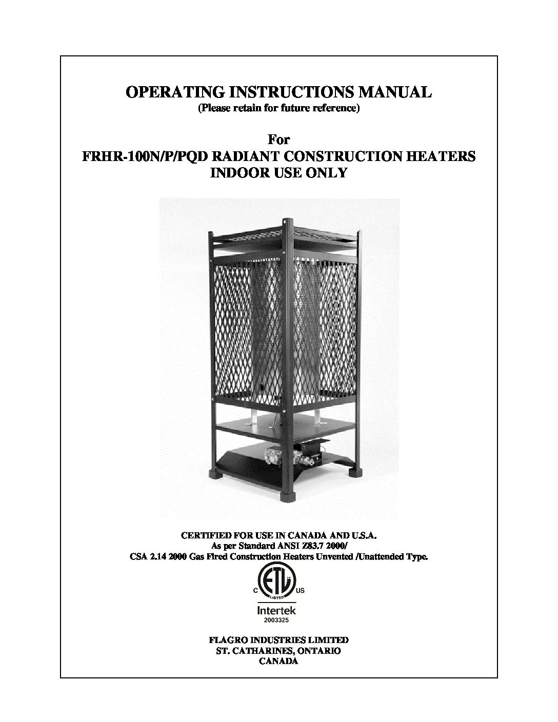 Flagro FRHR 100 Radiant Construction Heater Operating Manual