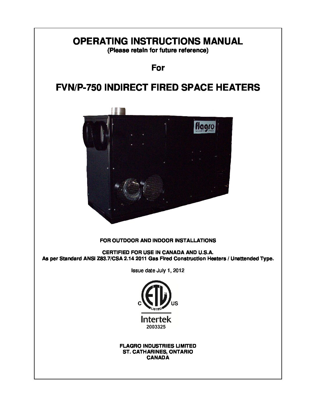 Flagro FVNP 750 Operating Manual