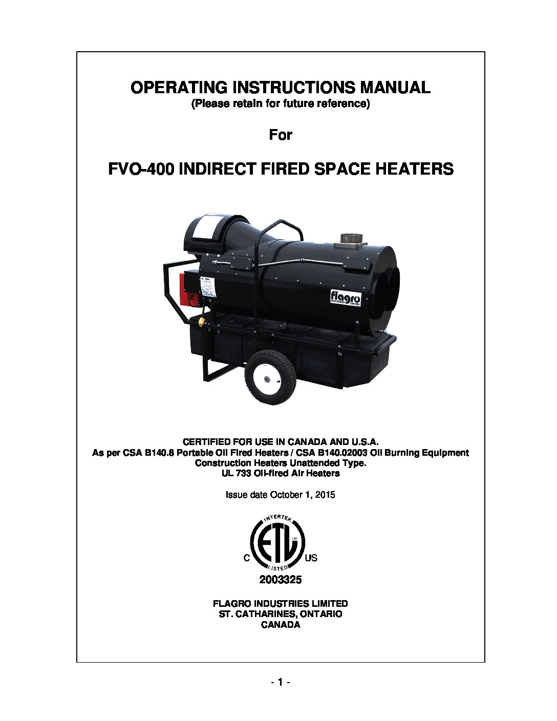 Flagro FVO-400 Operating Manual