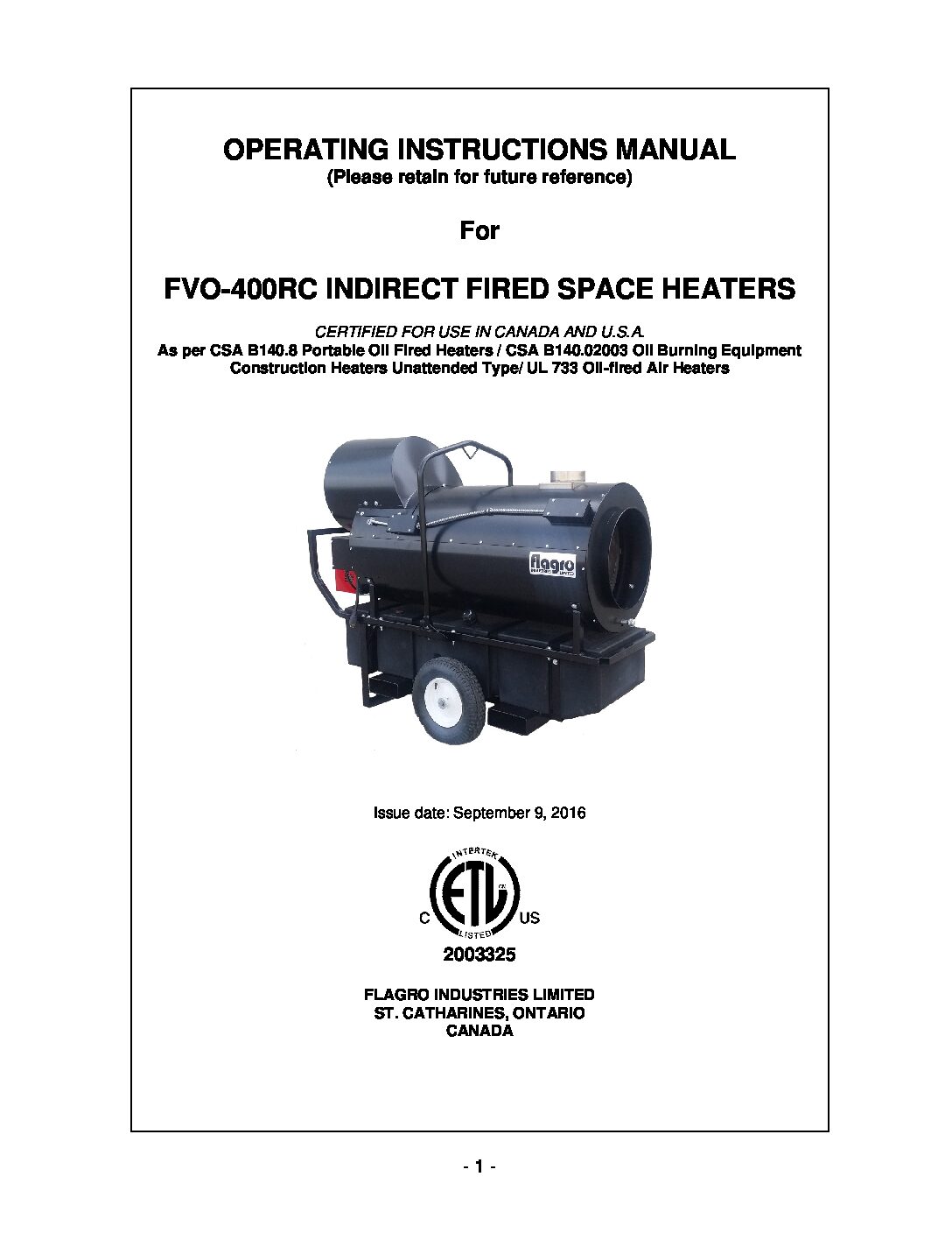 Flagro FVO 400RC Operating Manual