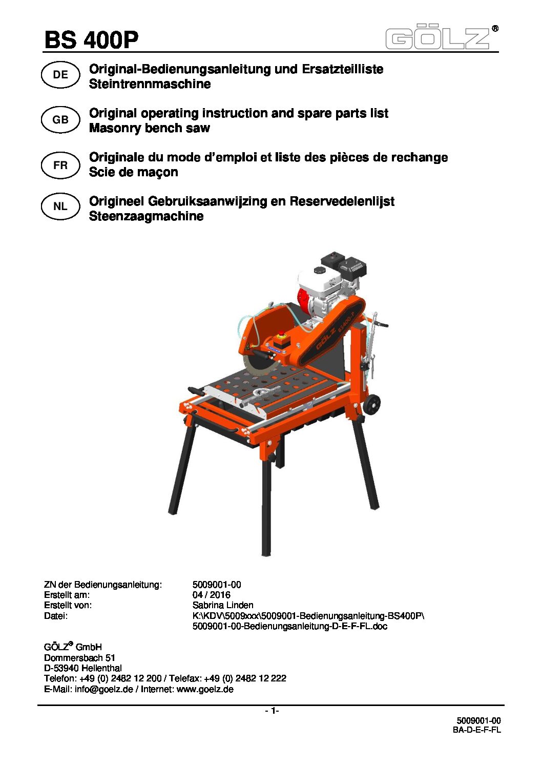 Golz Block Saw GOBS400 Users Guide