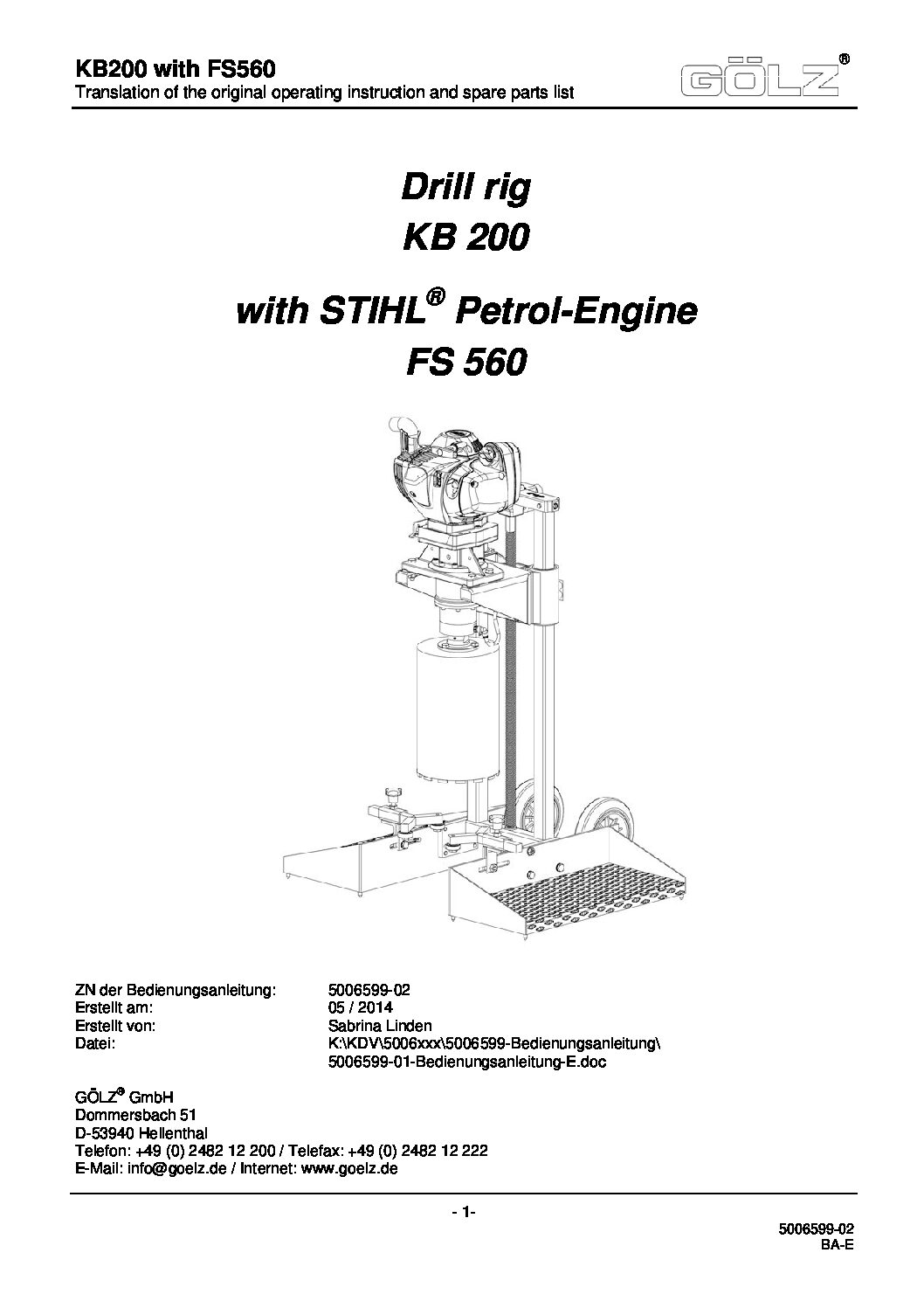 Golz GOFB200-560 Gas-Powered Core Drill User's Guide