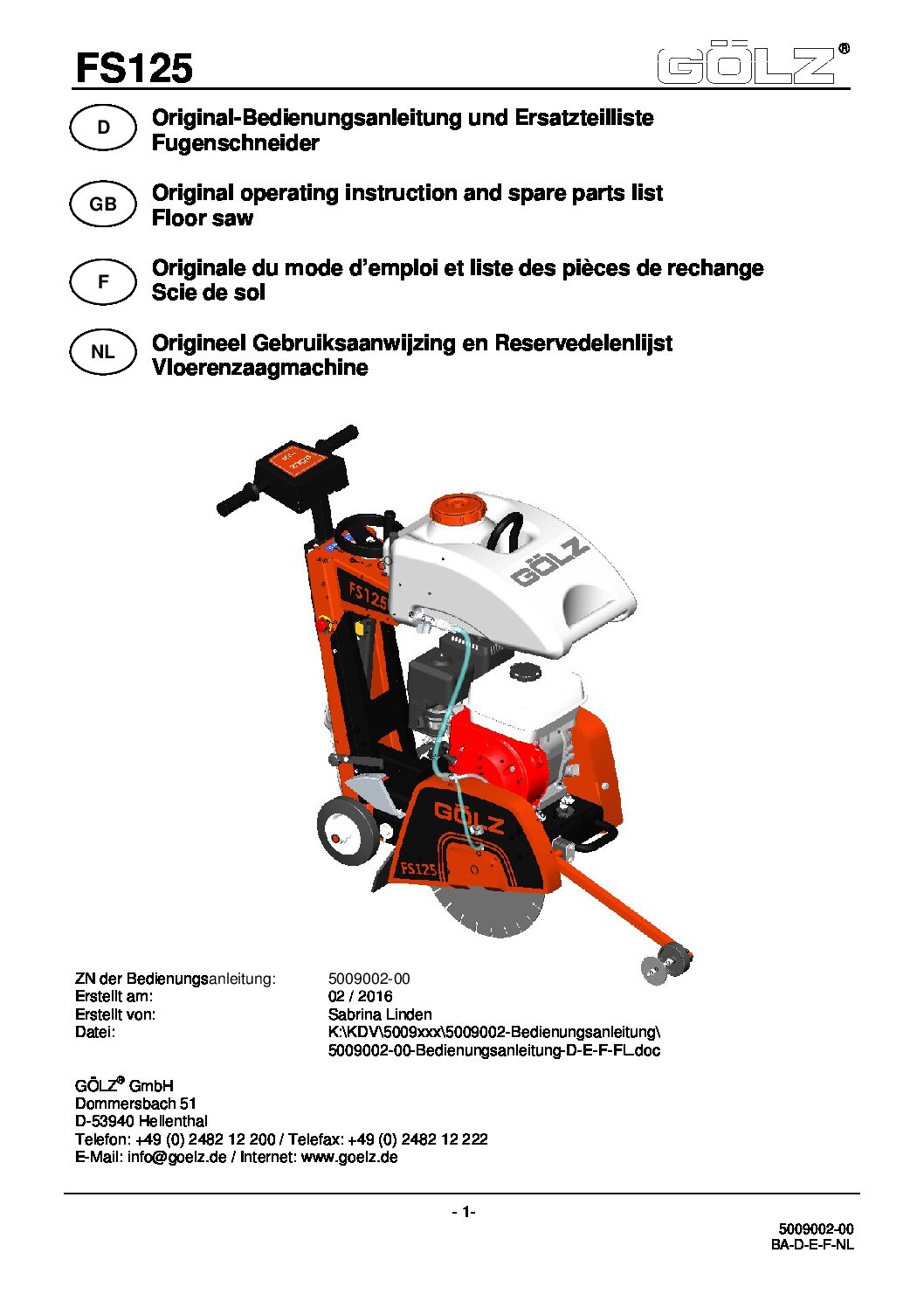 Golz Floor Saw GOFS125-14” Users Guide