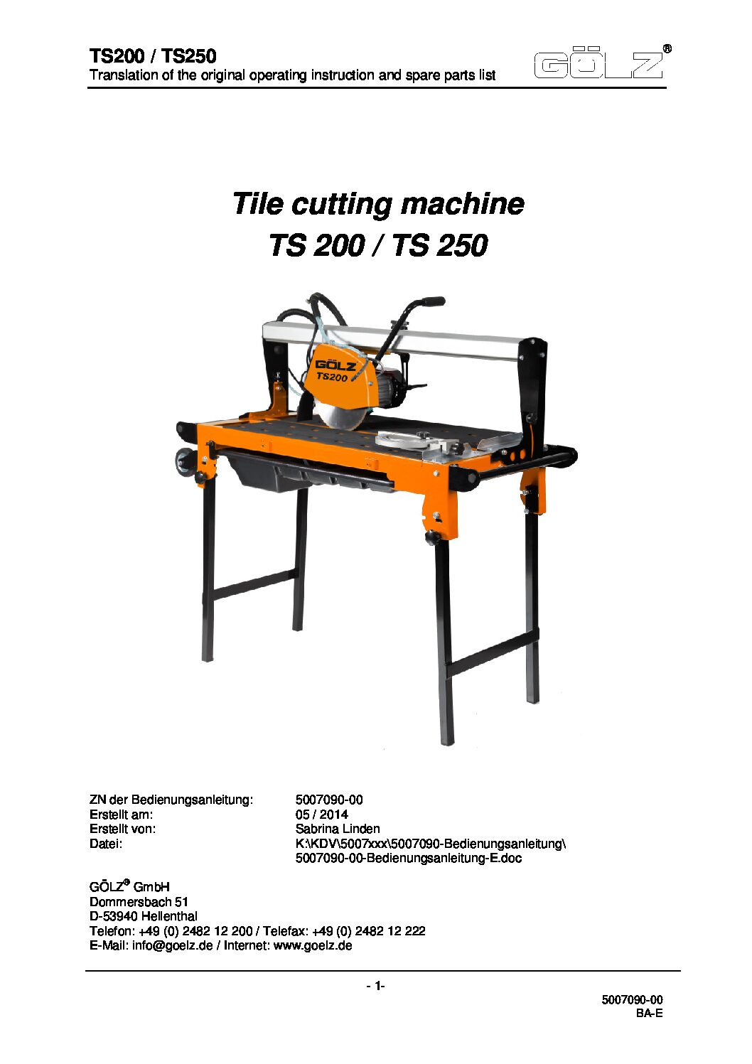 Golz Table Saw GOTS250 Users Guide English