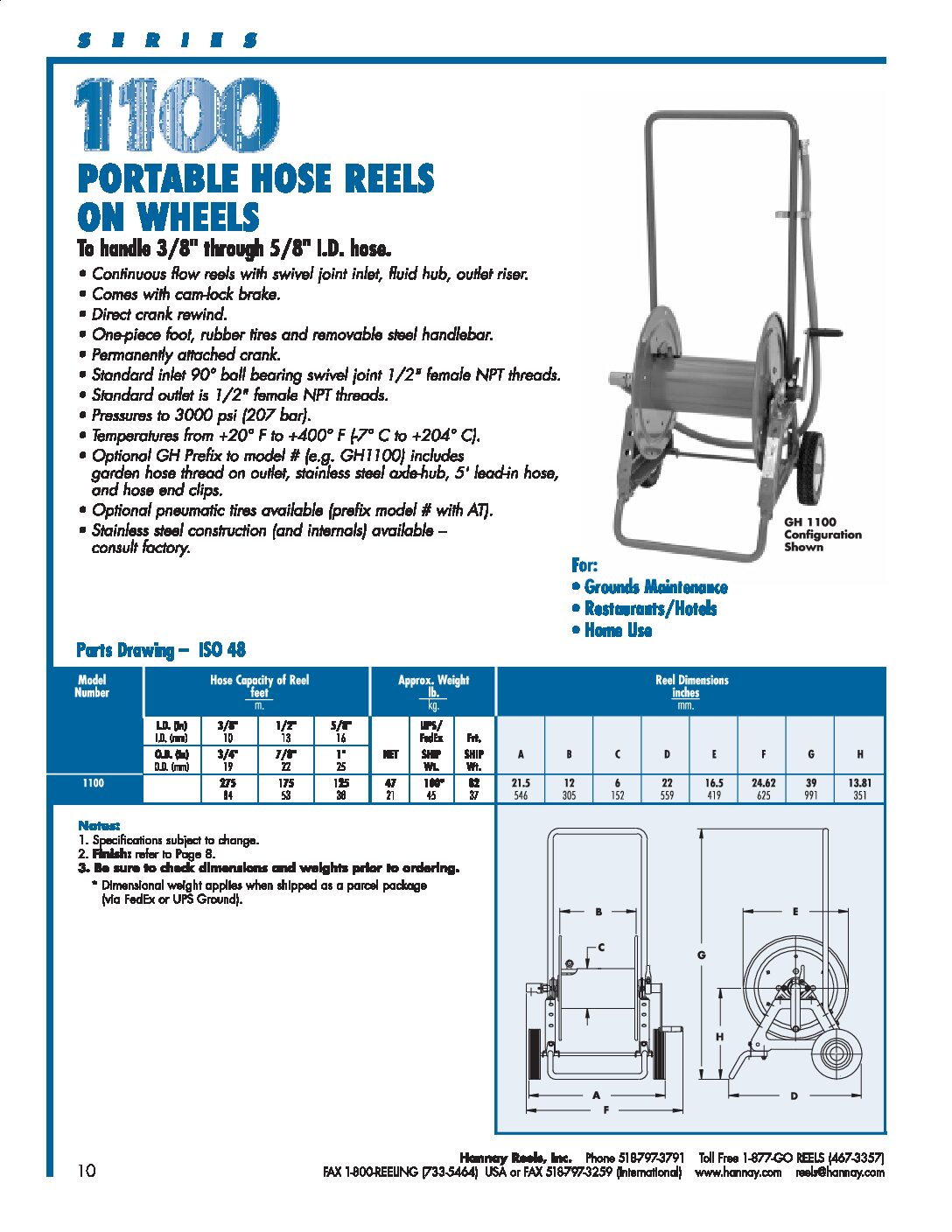 Hannay GH1100 Portable Hose Reel on wheels technical information