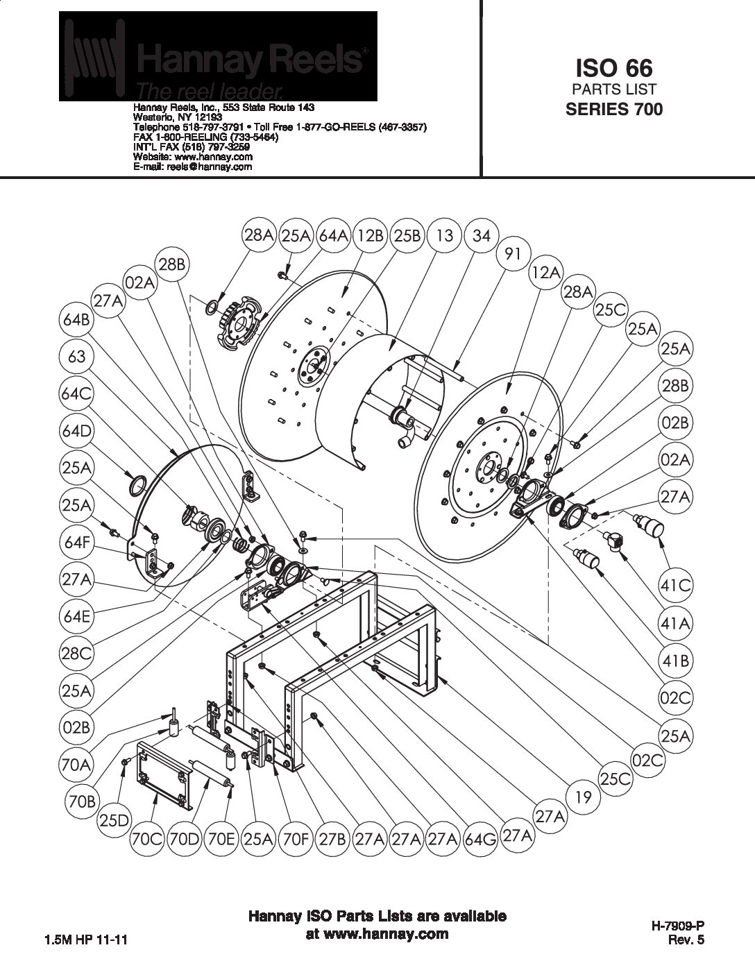 Hannay 700 Series Spring Rewind Hose Reel parts breakdown