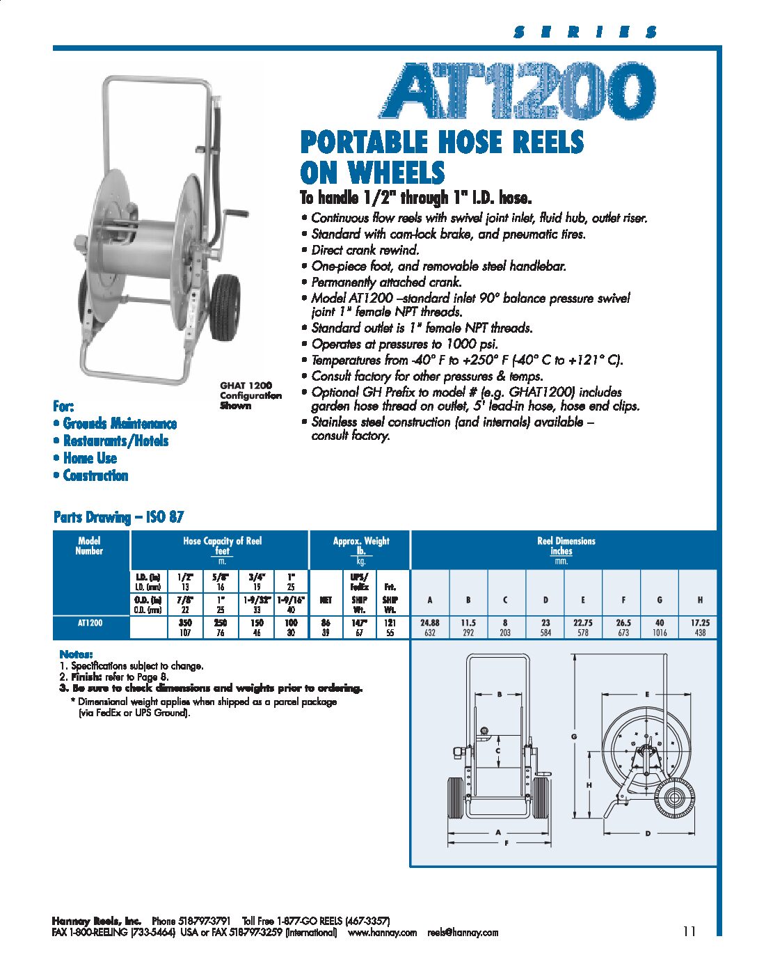 Hannay GHAT1100 Portable Hose Reel on wheels technical information