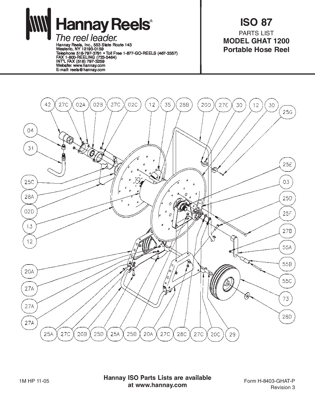 Hannay GHAT1100 Portable Hose Reel on wheels parts breakdown