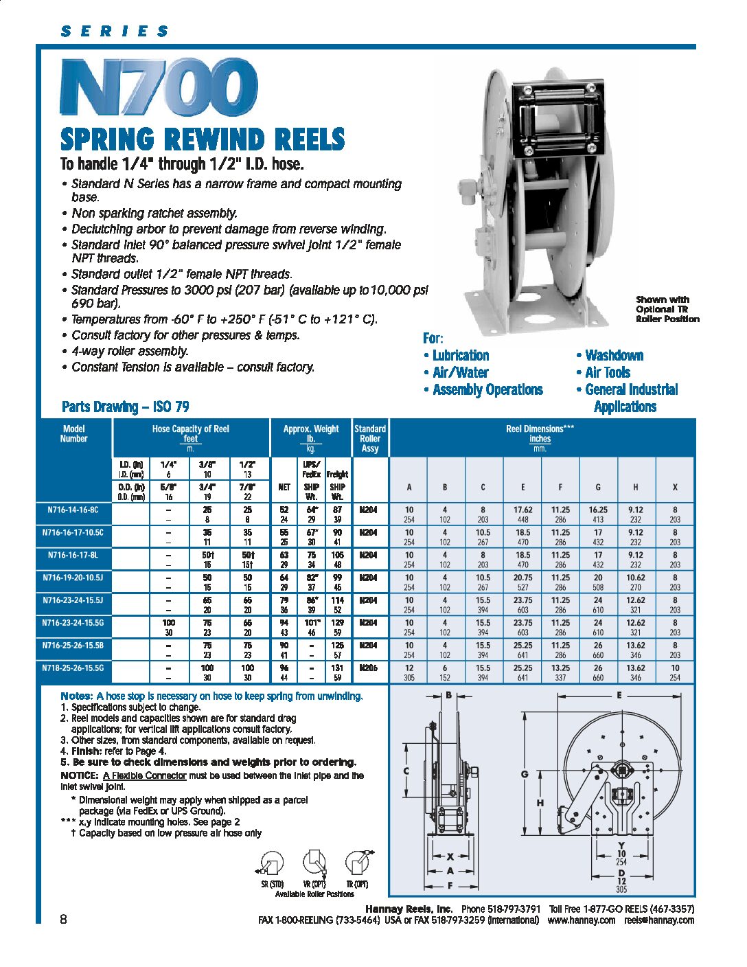 Hannay N700 and 700 Series Spring Rewind Hose Reels technical information