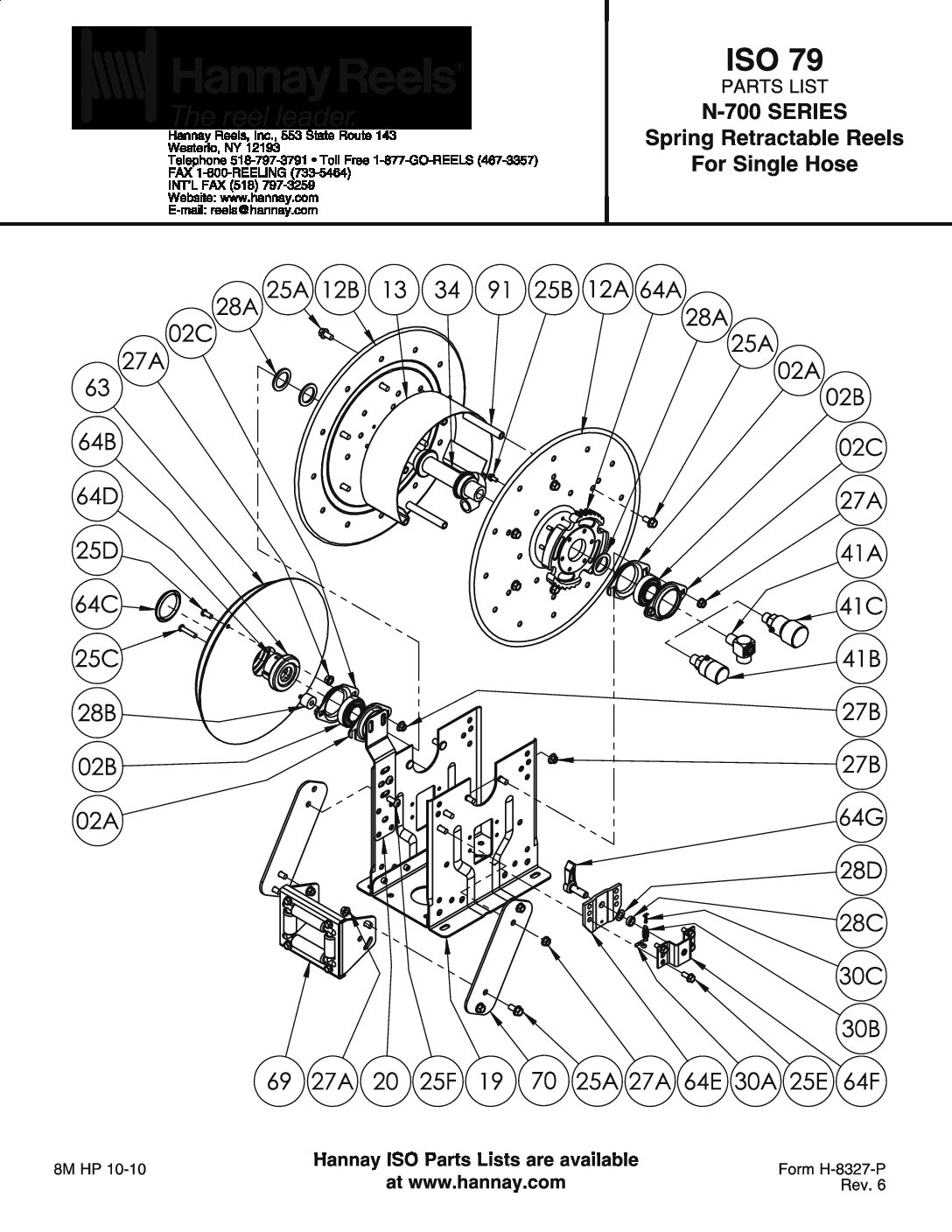 Hannay N700 Series Spring Rewind Hose Reel parts breakdown