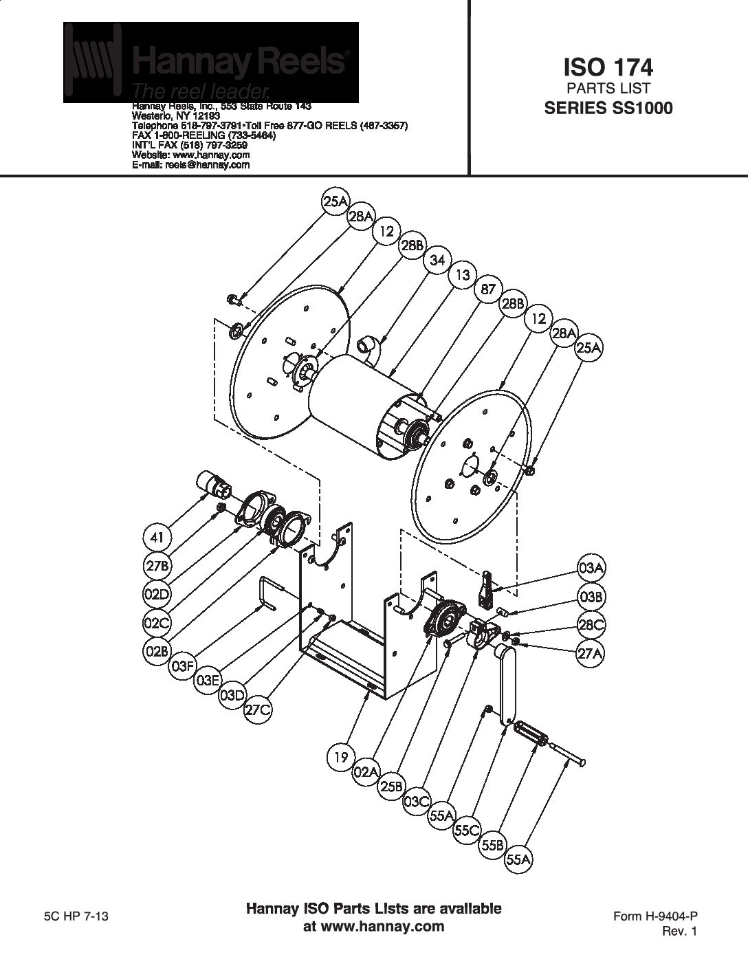 Hannay Stainless Steel 1000 Series manual Hose Reels parts breakdown