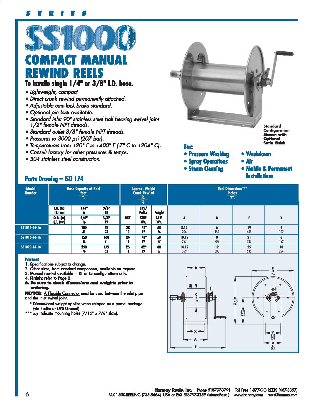 Hannay Stainless Steel 1000 Series manual Hose Reels technical inofrmation