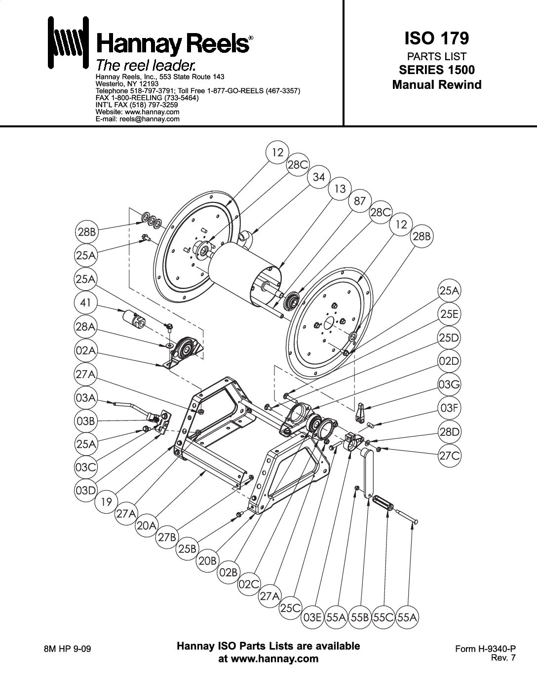 Hannay 1500 Series Crank rewind Hose Reels parts breakdown