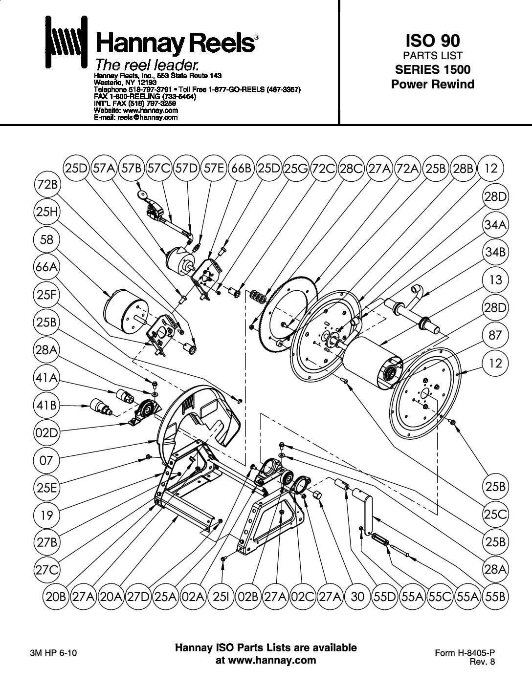 Hannay 1500 Series Power rewind Hose Reels parts breakdown