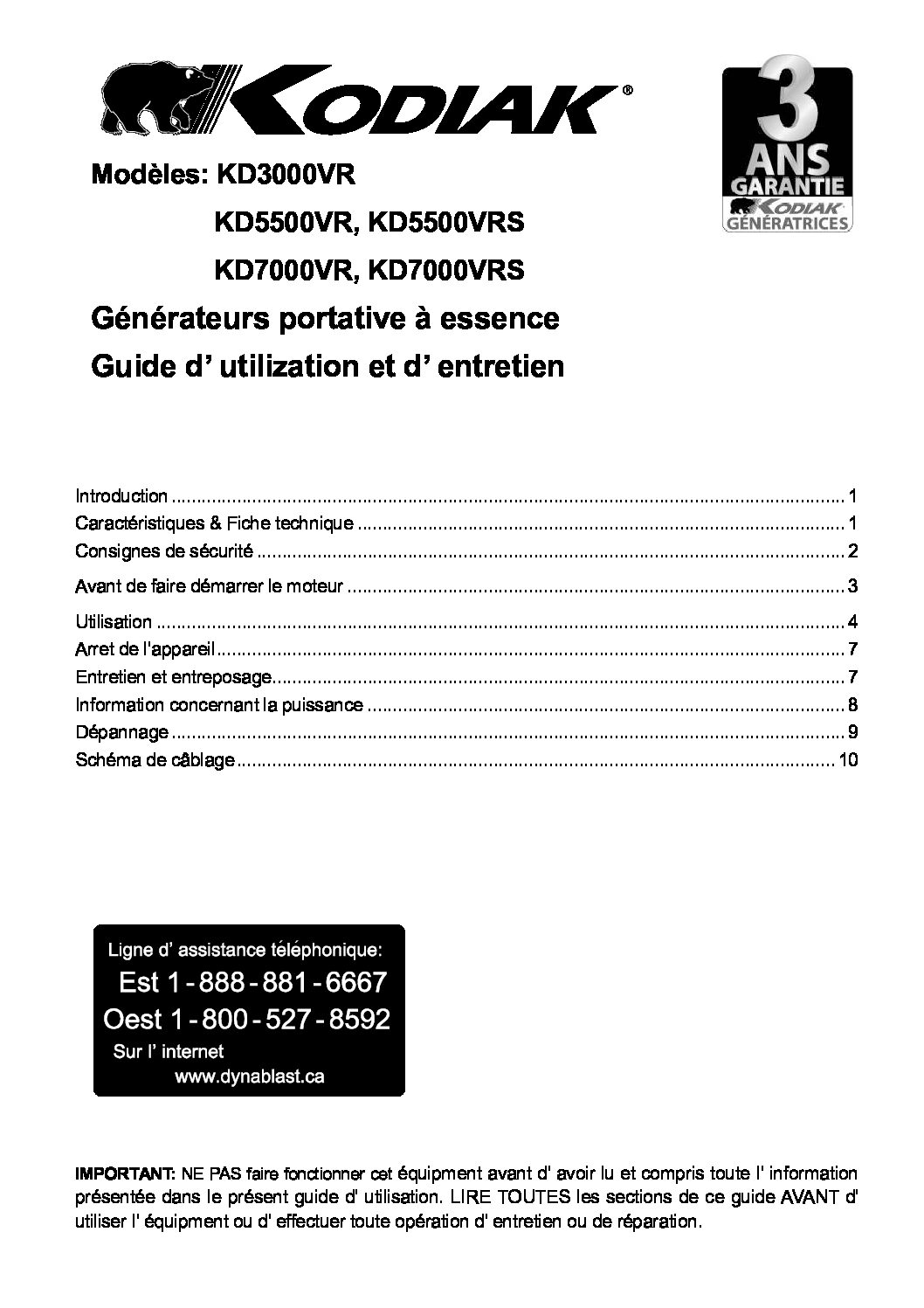 KD Generator Owners Manual French