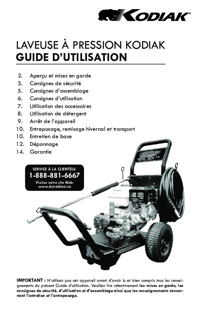 KODIAK PRESSURE WASHER OWNERS MANUAL FRENCH