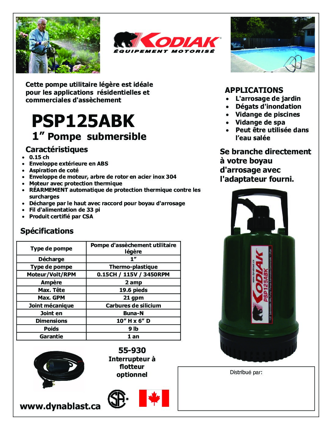 PSP125ABK sales sheet French