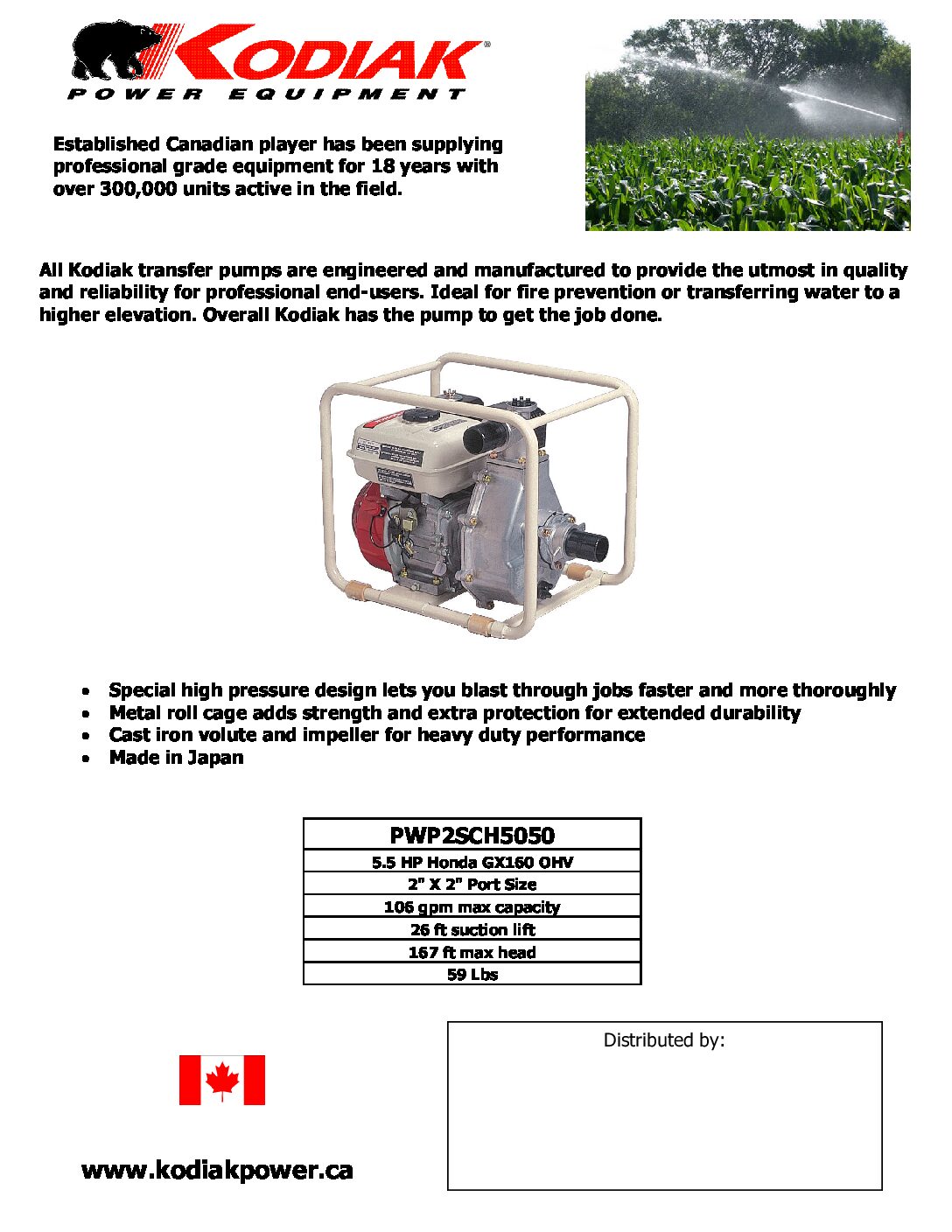 Kodiak PWP2SCH5050 Water Pumps Product Sheet