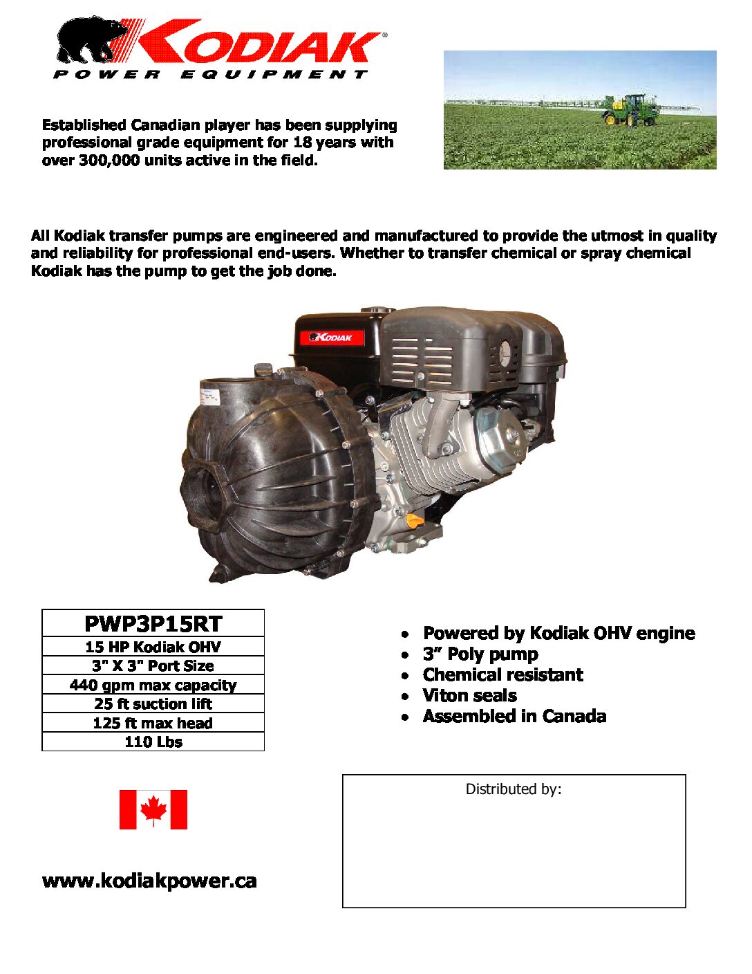 Kodiak PWP3P15RT Water Pumps Product Sheet