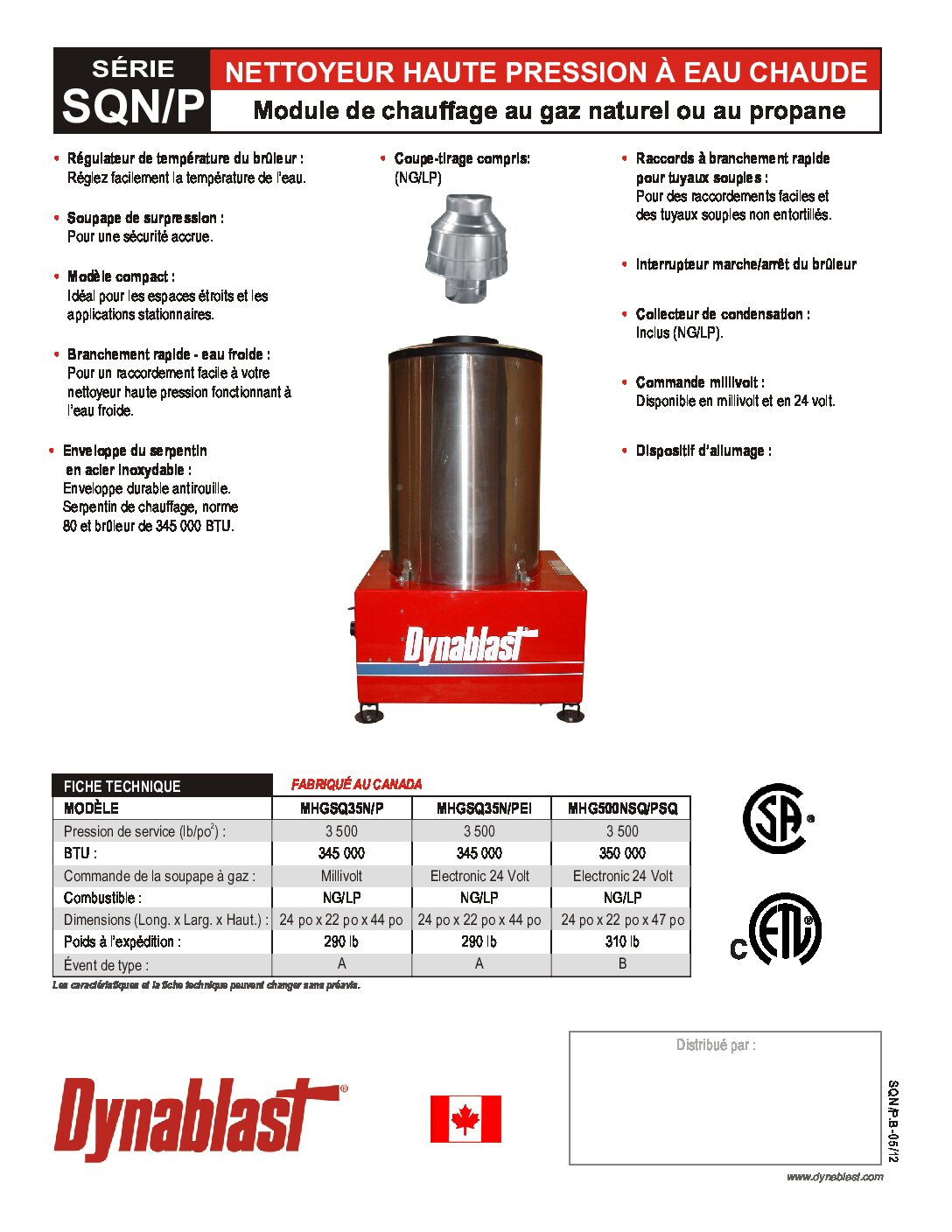 Dynablast MHGE500NSQ/PSQ Hot Water Heater Module French