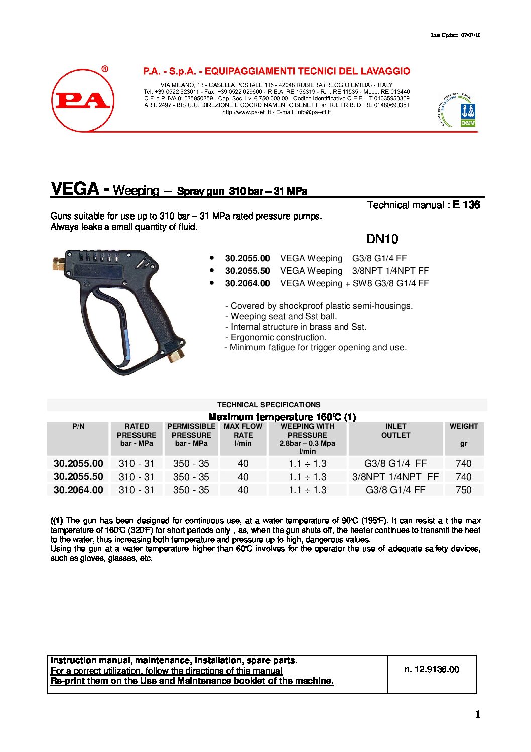 PA G250VW Vega weep gun technical information