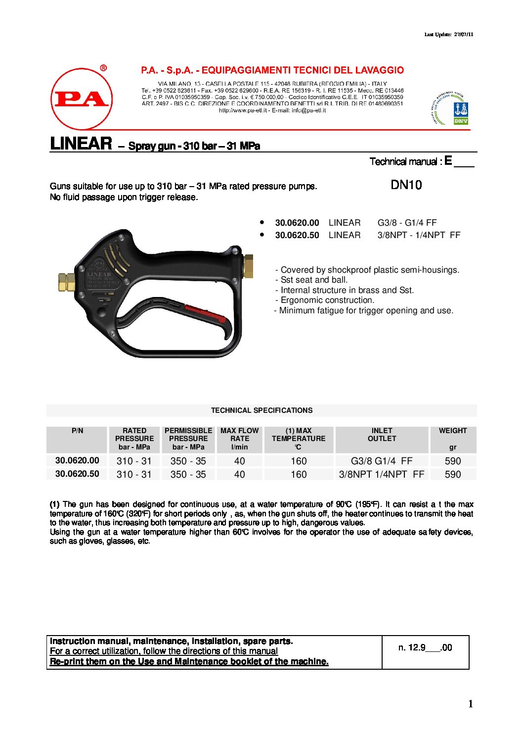 PA G85LN Linear Gun technical information