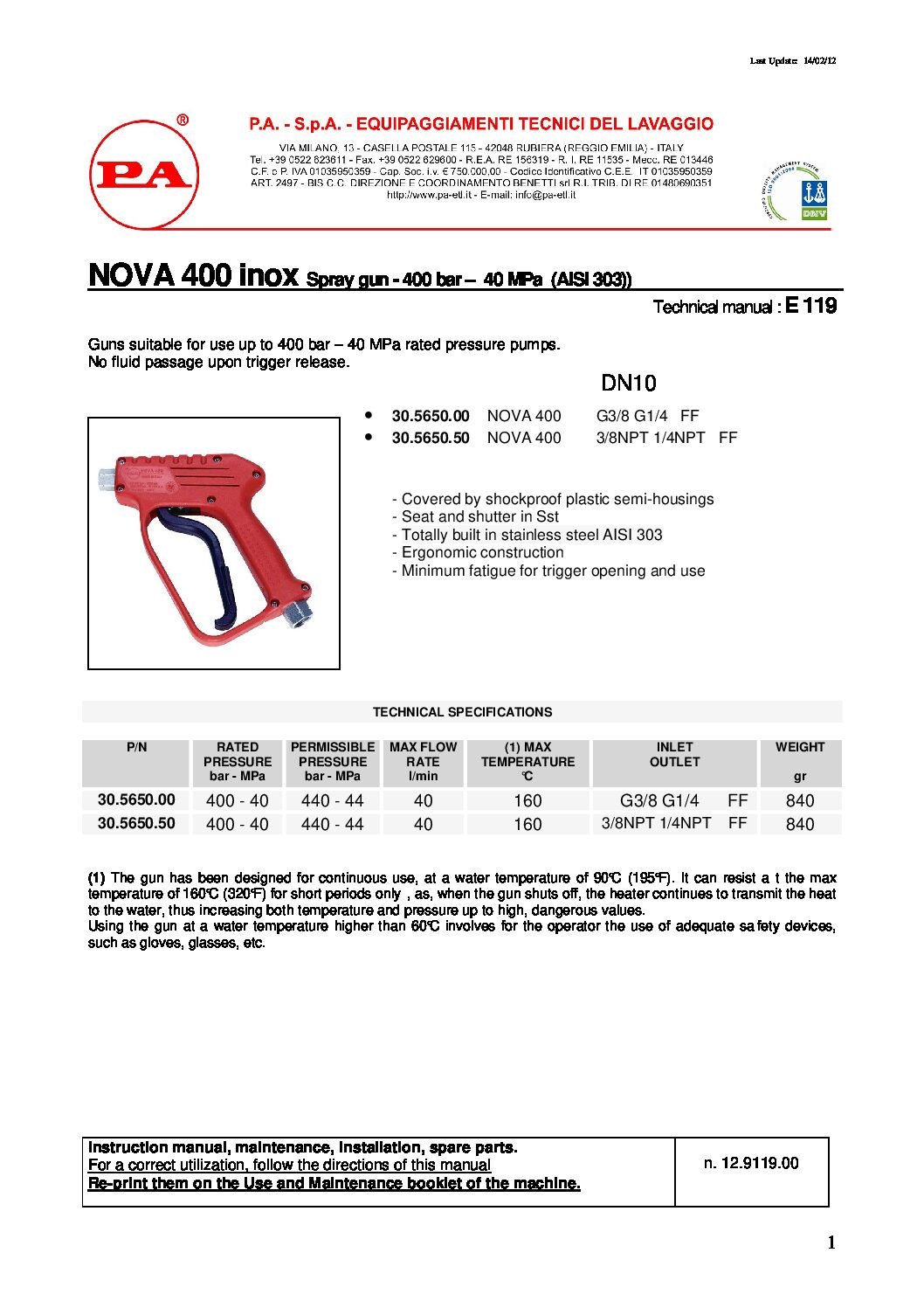 PA Nova 400 Compensating Gun technical information