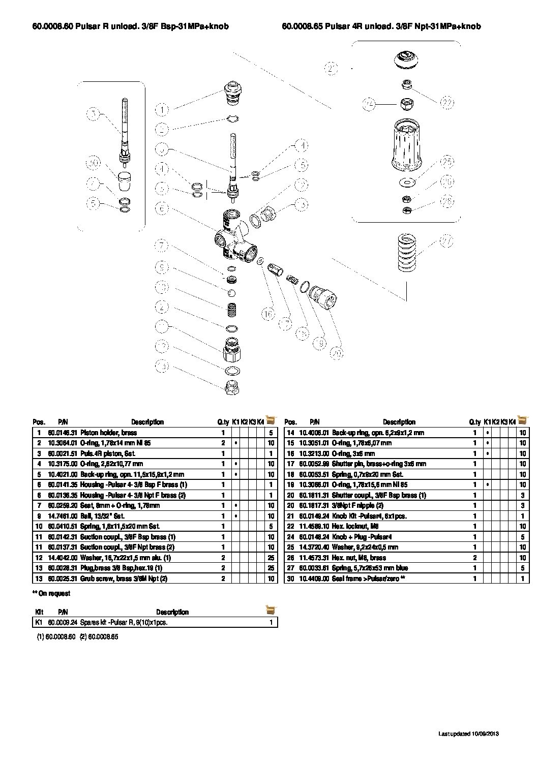 PA Pulsar 4 R Unloader valve with handle parts breakdown