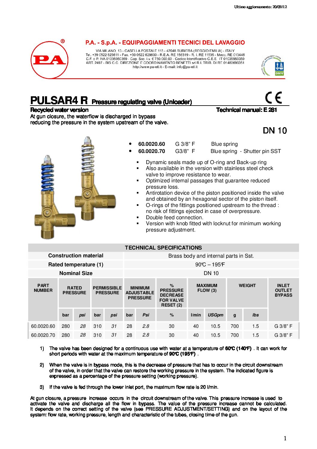 PA Pulsar 4 R Unloader valve with handle technical manual