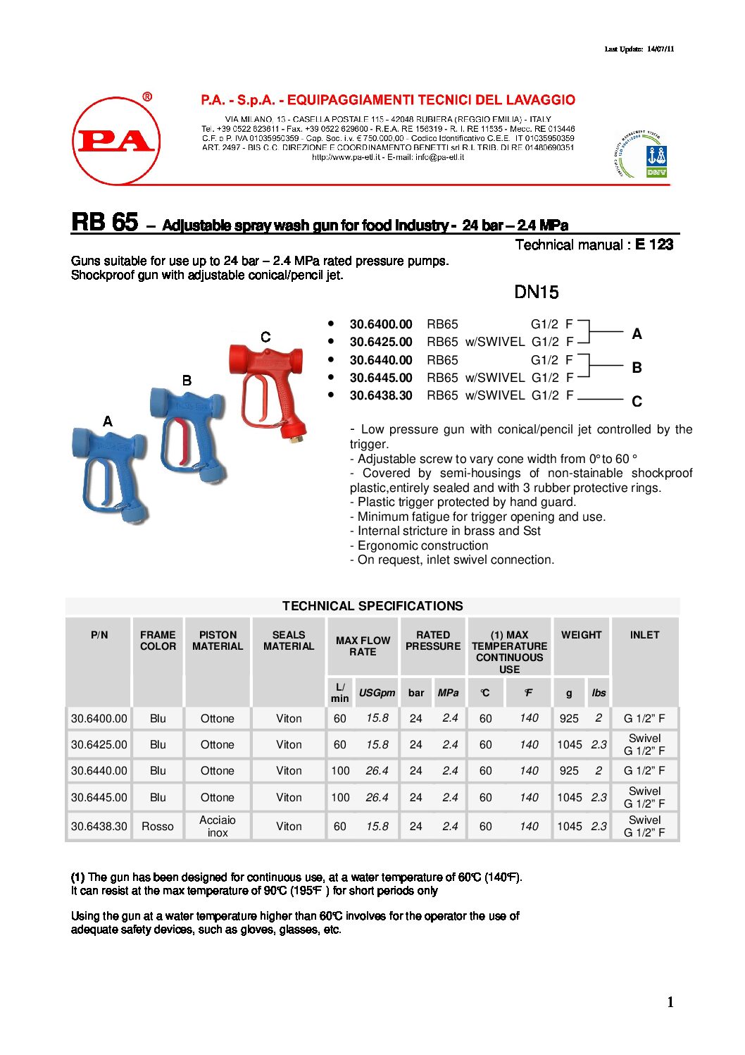 PA RB65 Washdown Gun parts breakdown