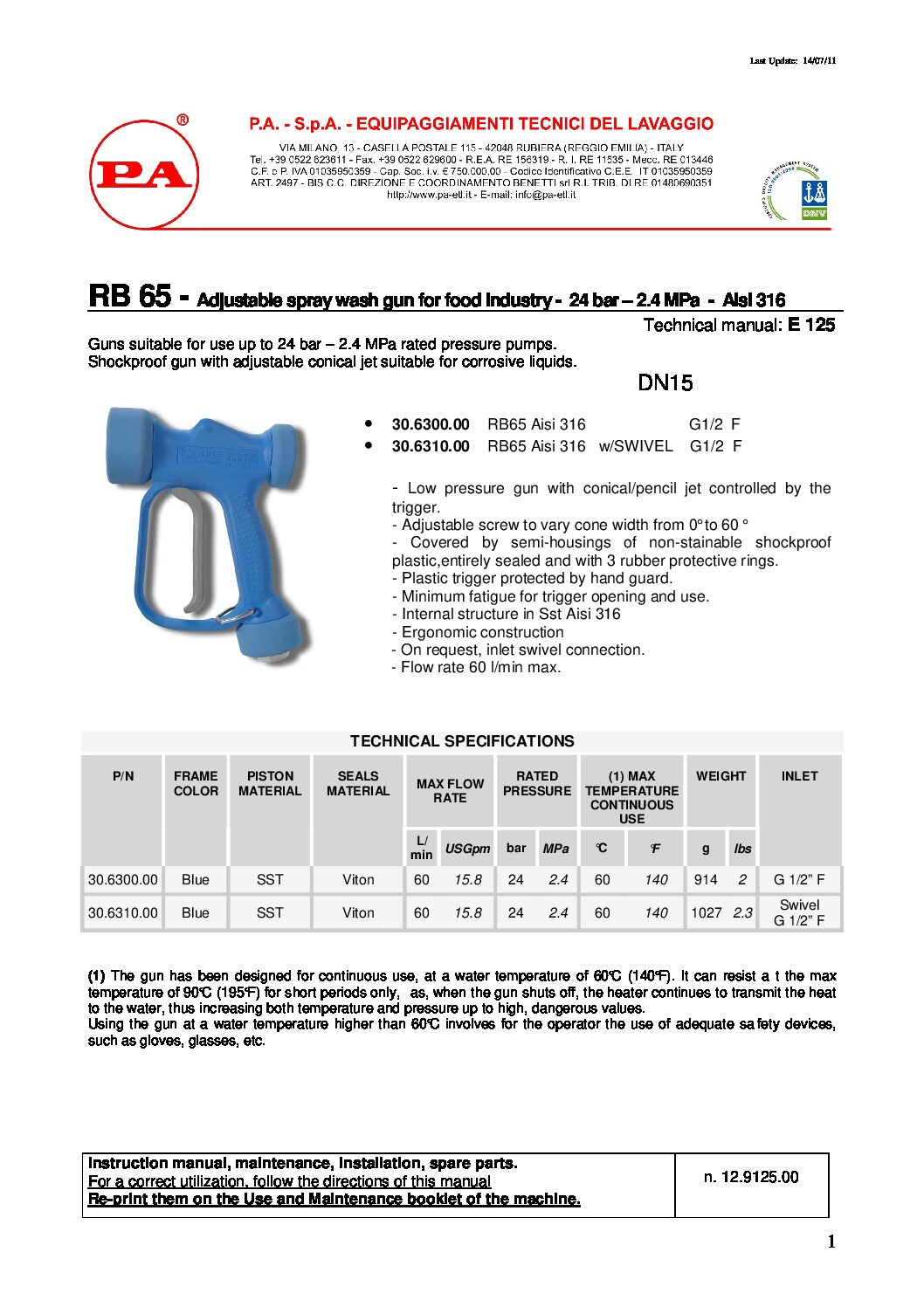 PA RB65SS Stainless Steel Washdown Gun parts breakdown