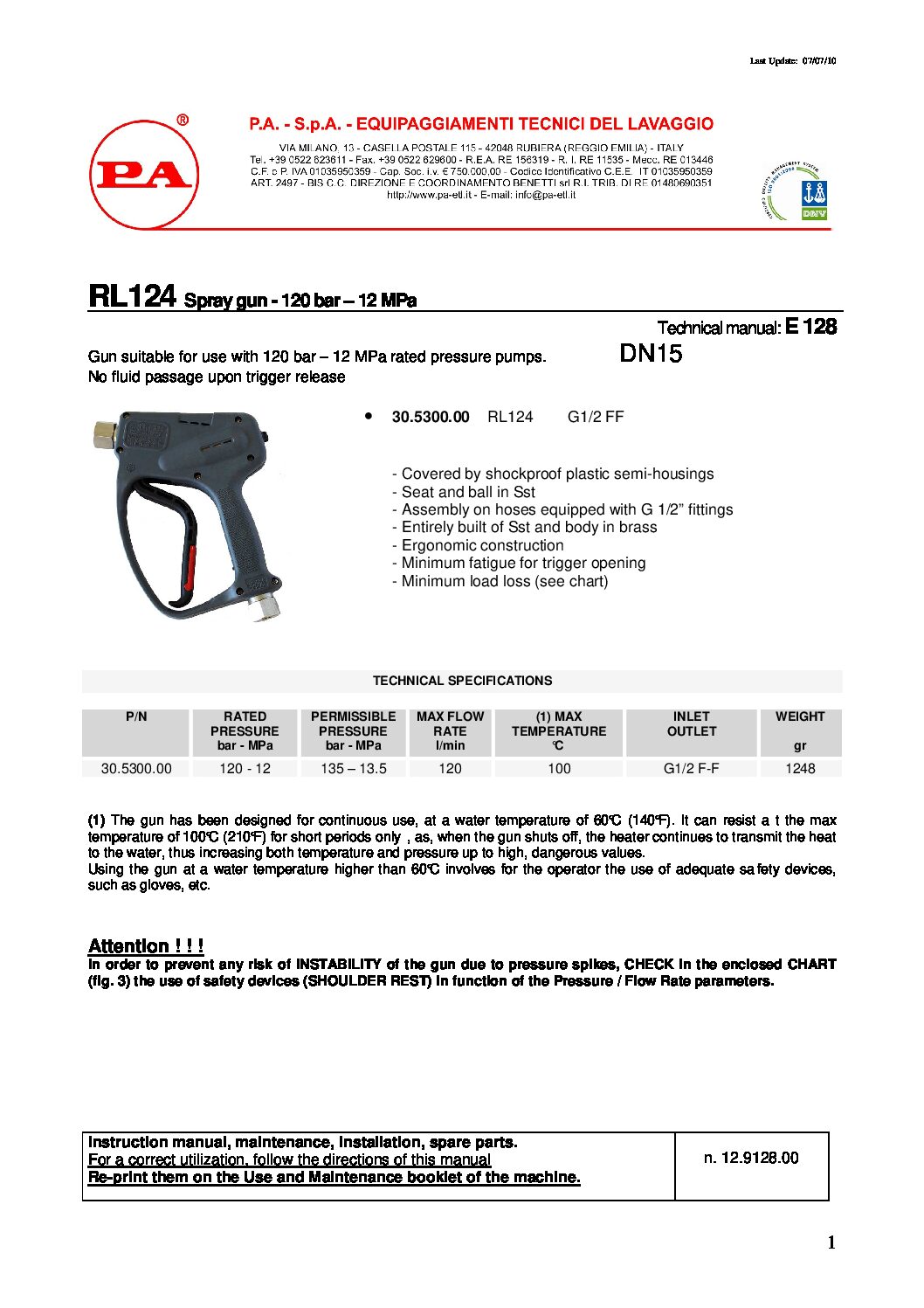 PA RL124 Large flow Spray Gun technical information