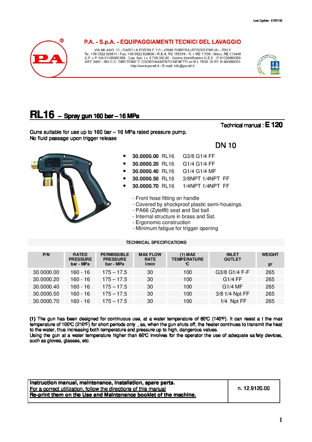 PA RL16 front entry spray gun technical information
