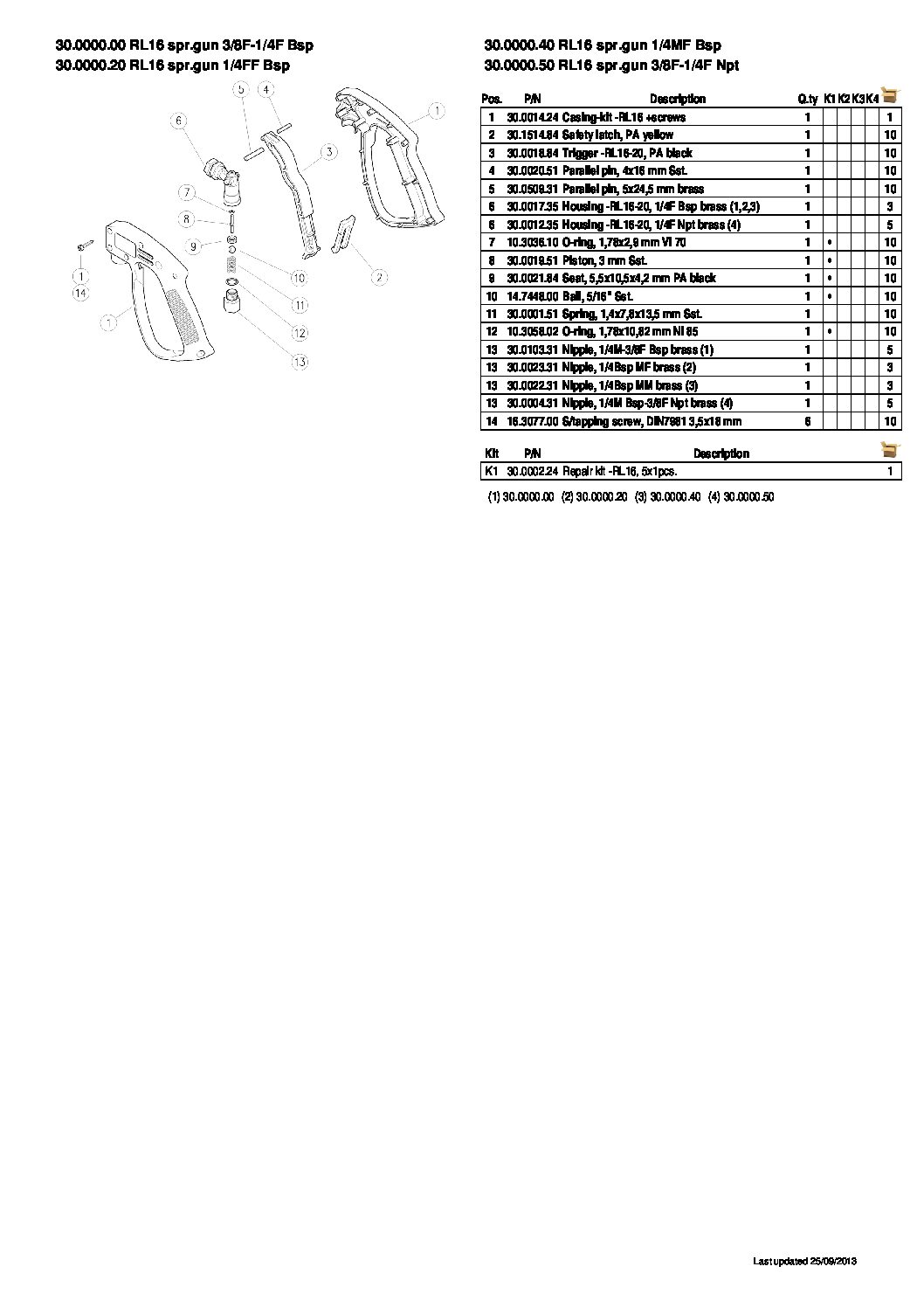 PA RL16 front entry spray gun parts breakdown