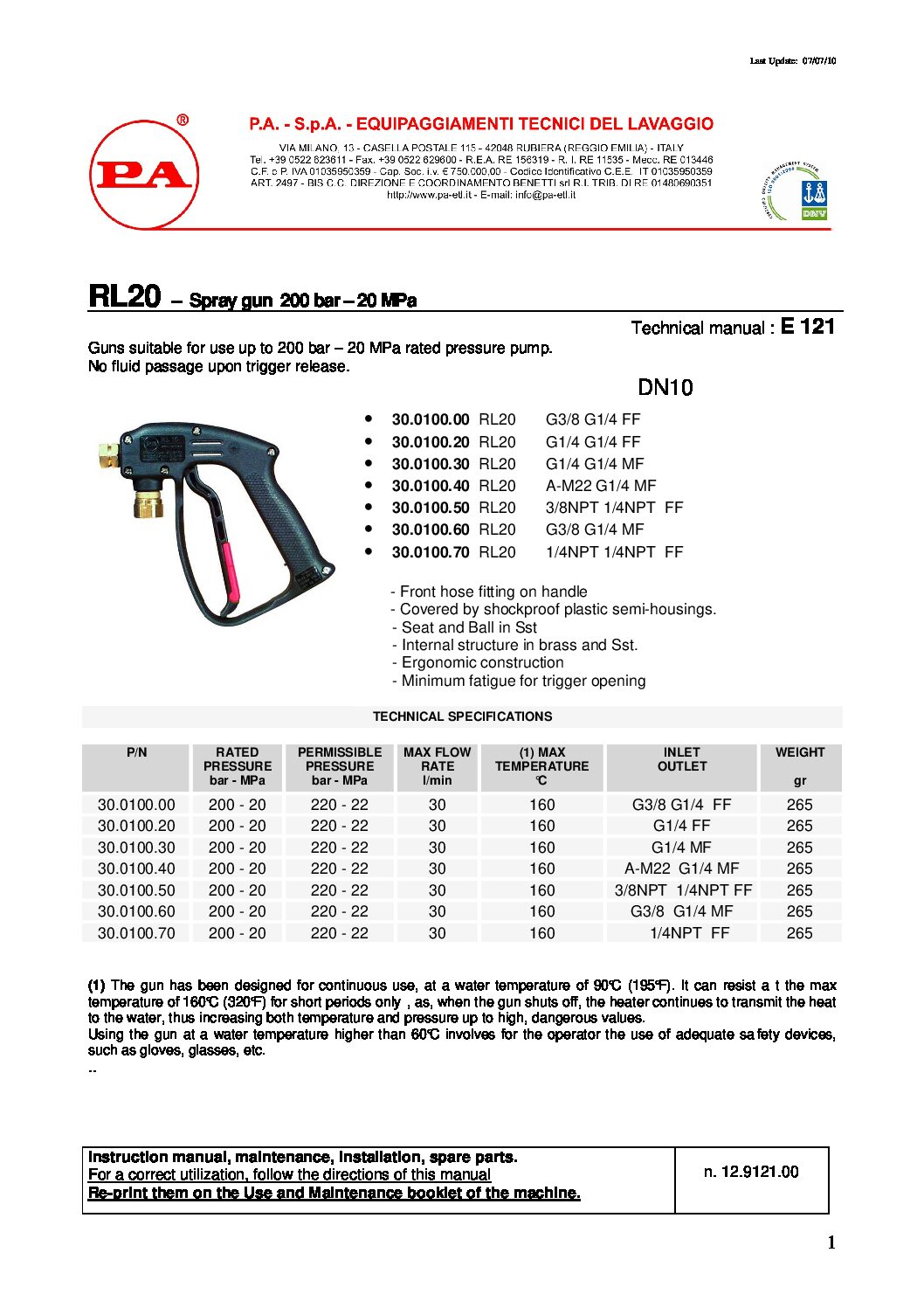 PA RL20 Front Entry Spray Gun technical information