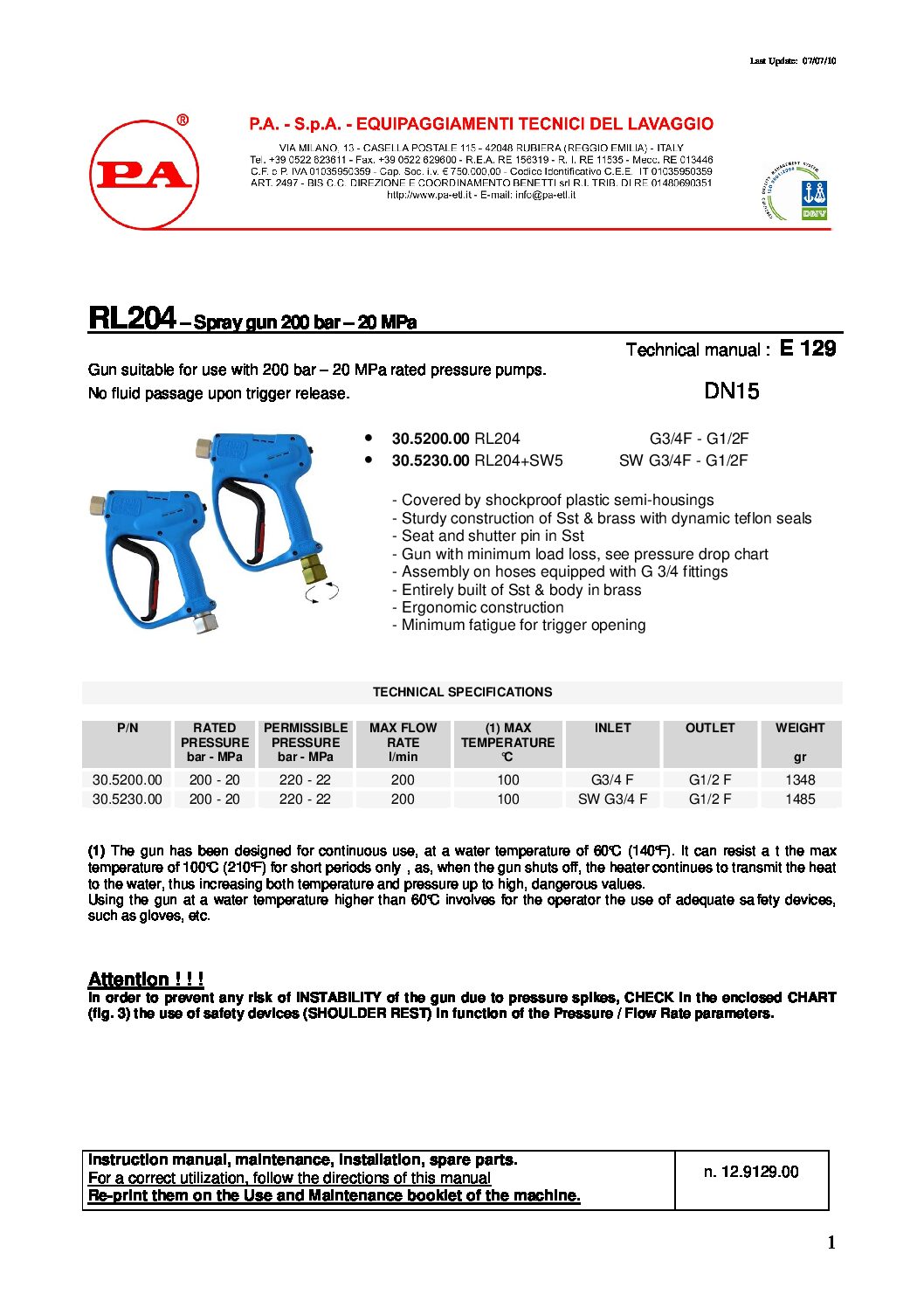 PA RL204 large flow spray gun technical information